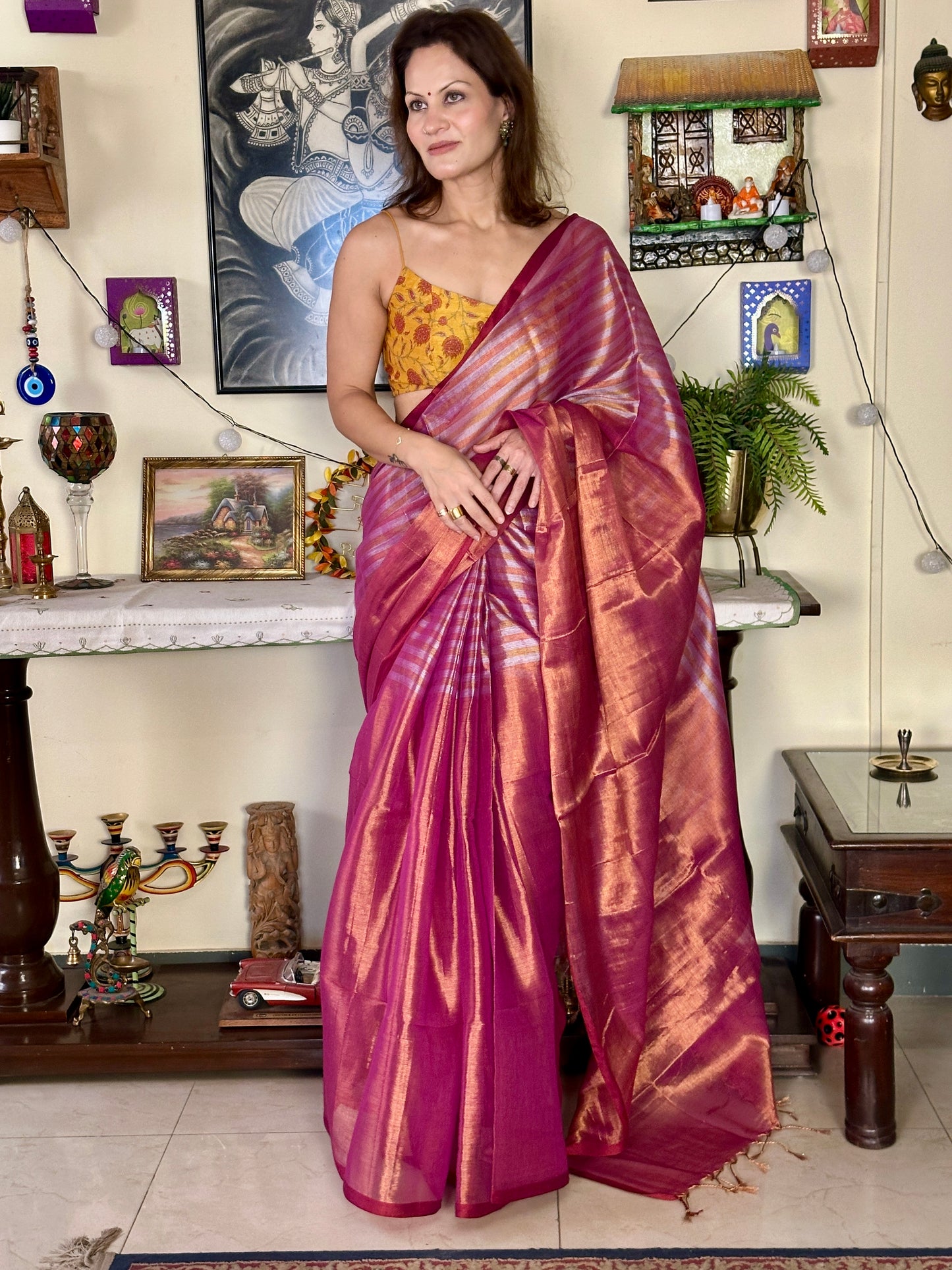 Pink & Orange Pure Mul Mul Handwoven Striped Tissue Cotton Saree