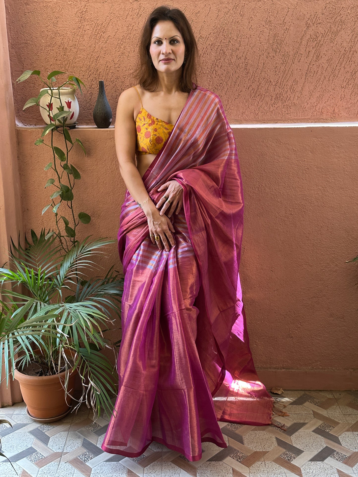 Pink & Orange Pure Mul Mul Handwoven Striped Tissue Cotton Saree