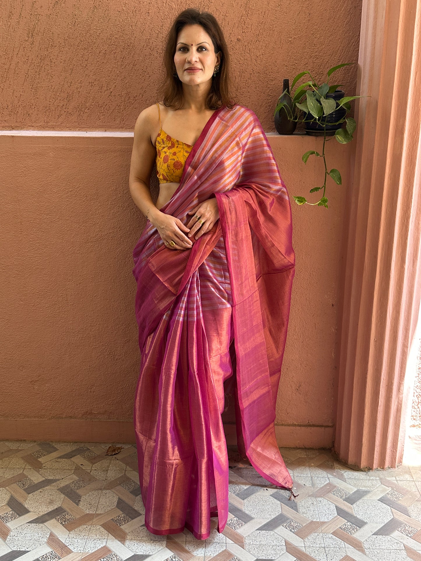 Pink & Orange Pure Mul Mul Handwoven Striped Tissue Cotton Saree