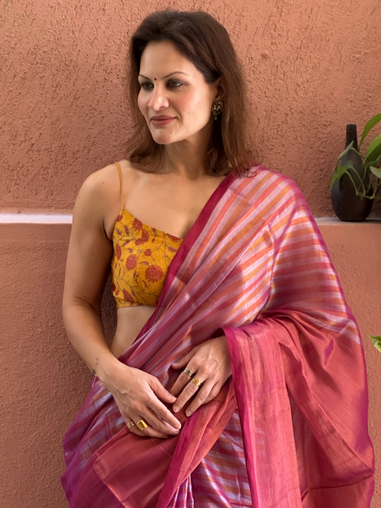 Pink & Orange Pure Mul Mul Handwoven Striped Tissue Cotton Saree