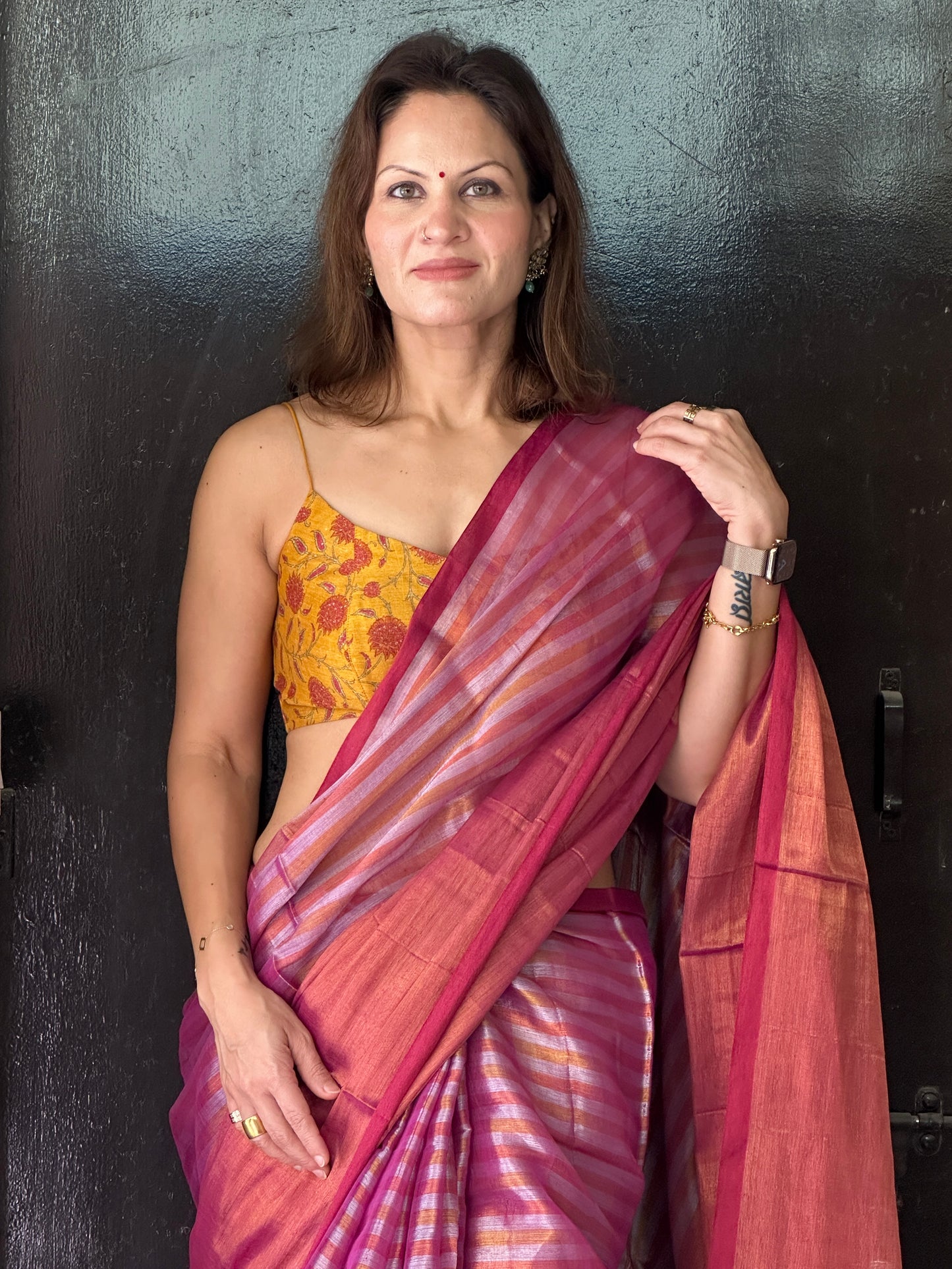 Pink & Orange Pure Mul Mul Handwoven Striped Tissue Cotton Saree