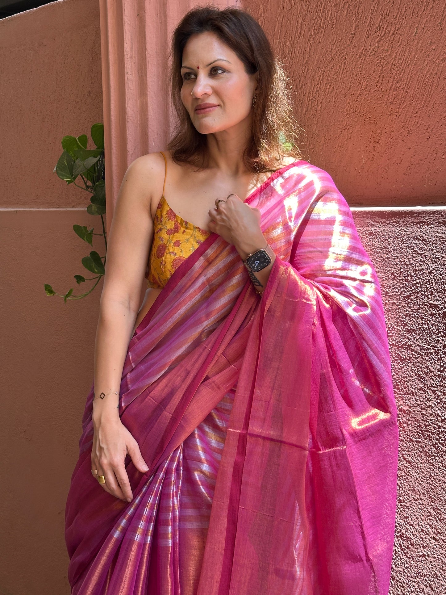 Pink & Orange Pure Mul Mul Handwoven Striped Tissue Cotton Saree