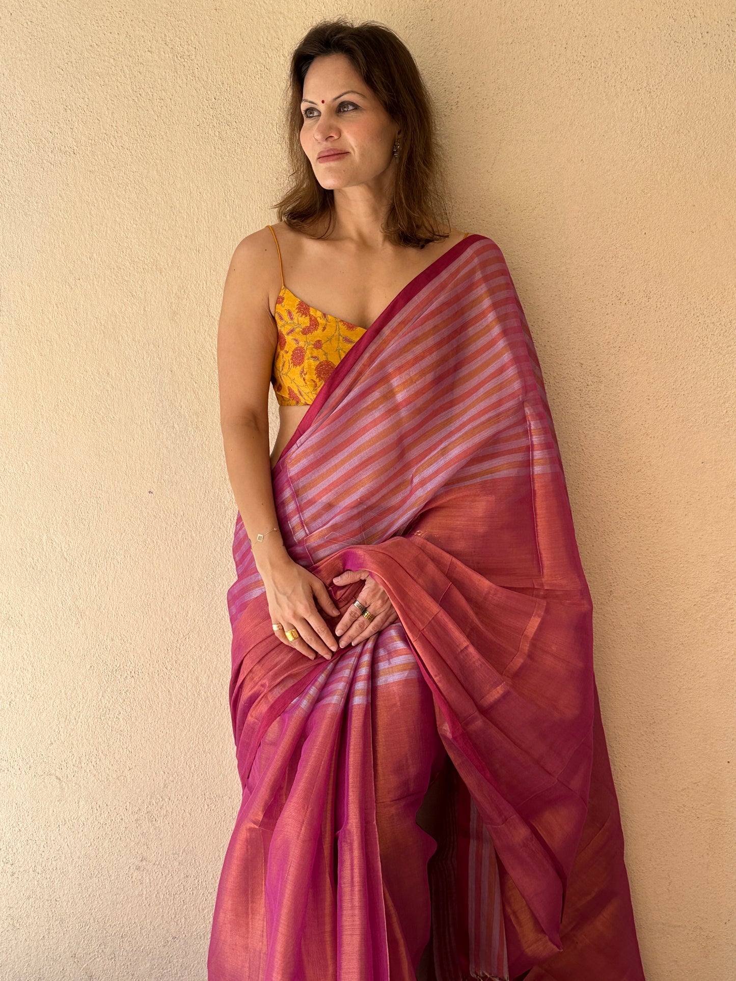 Pink & Orange Pure Mul Mul Handwoven Striped Tissue Cotton Saree