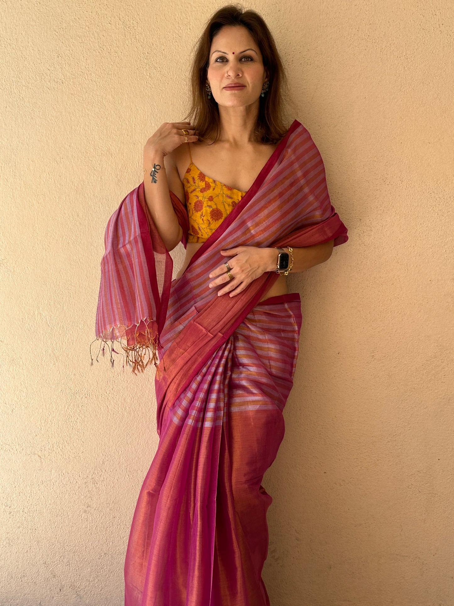 Pink & Orange Pure Mul Mul Handwoven Striped Tissue Cotton Saree