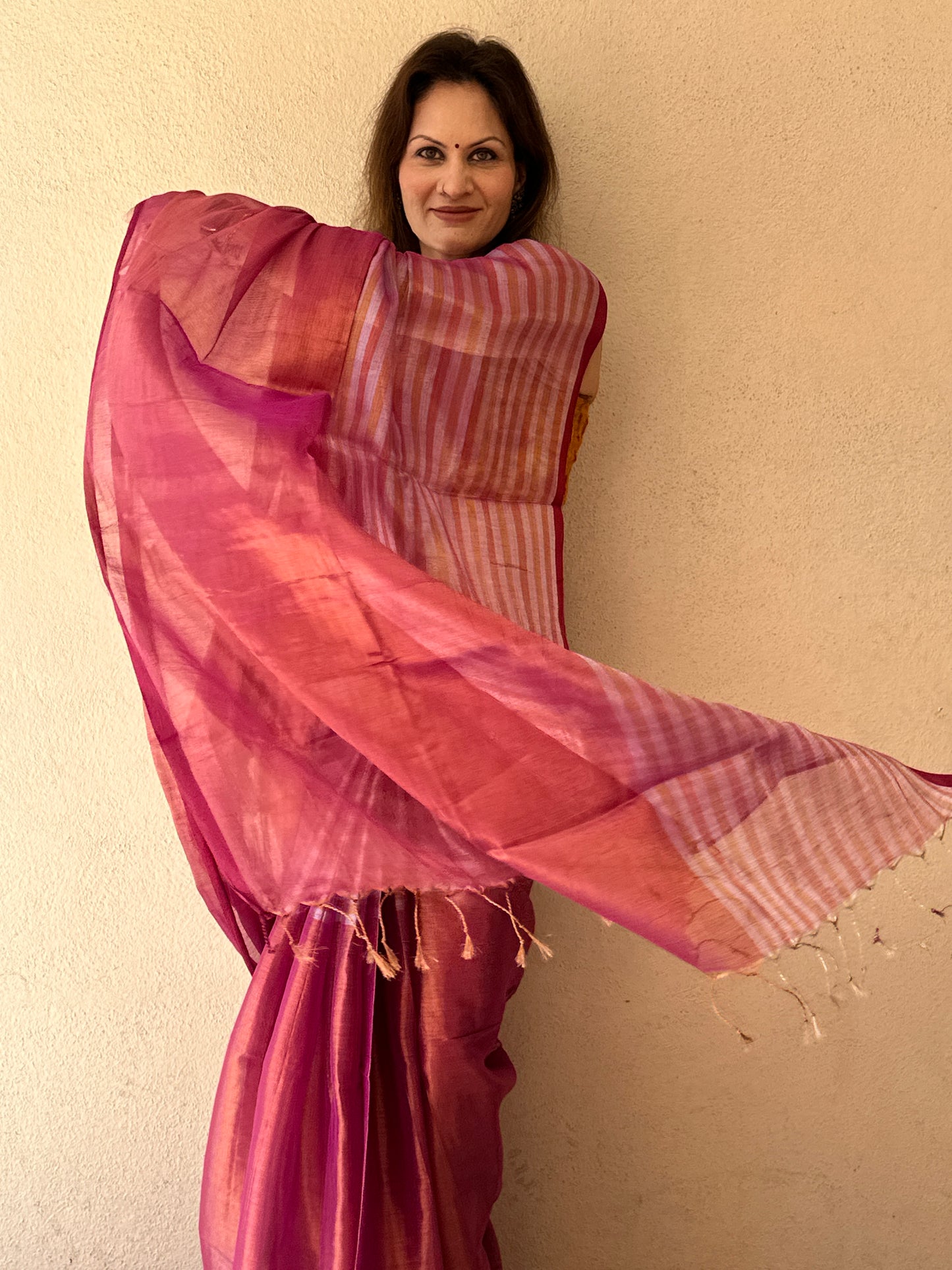 Pink & Orange Pure Mul Mul Handwoven Striped Tissue Cotton Saree