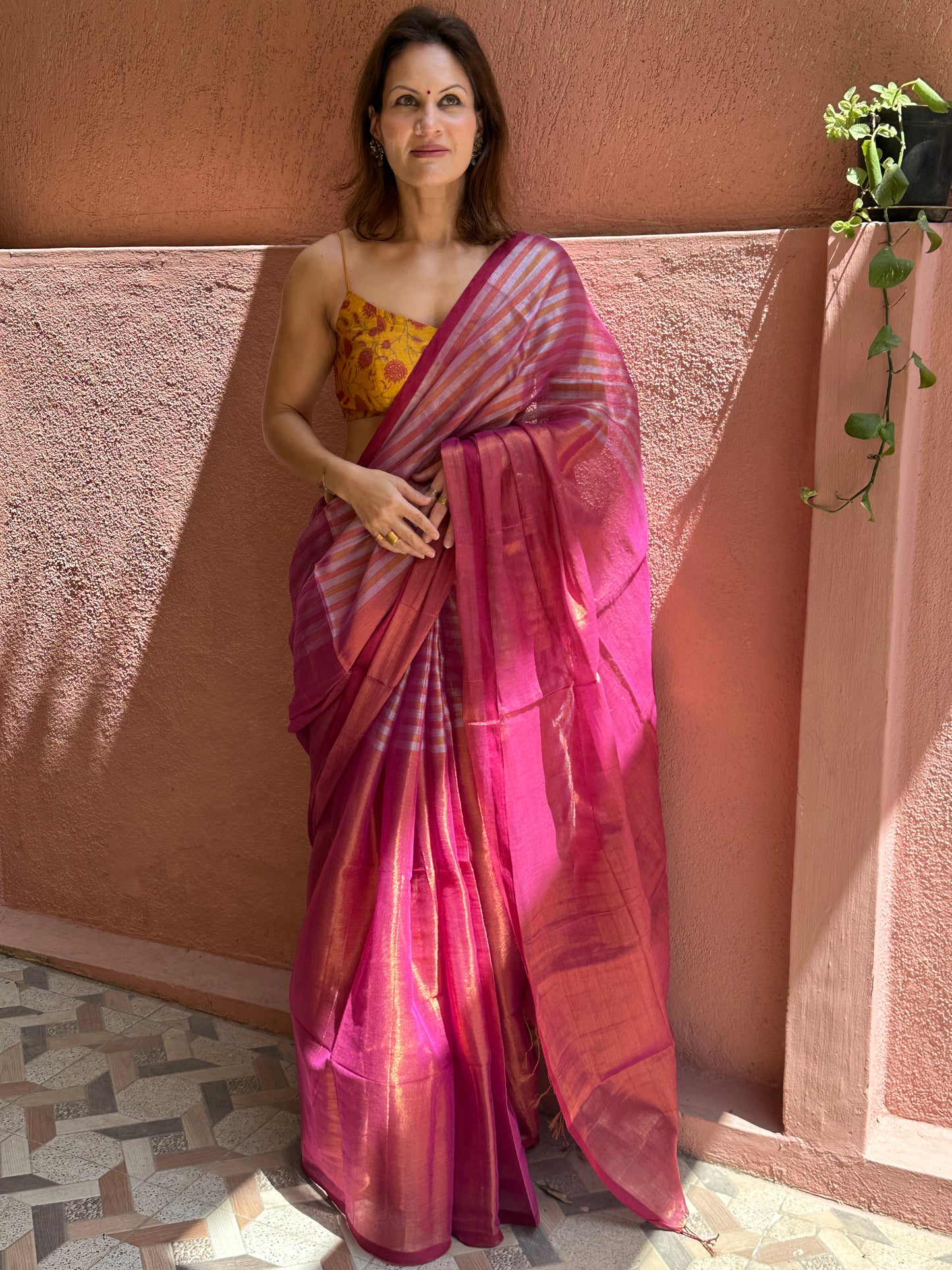 Pink & Orange Pure Mul Mul Handwoven Striped Tissue Cotton Saree
