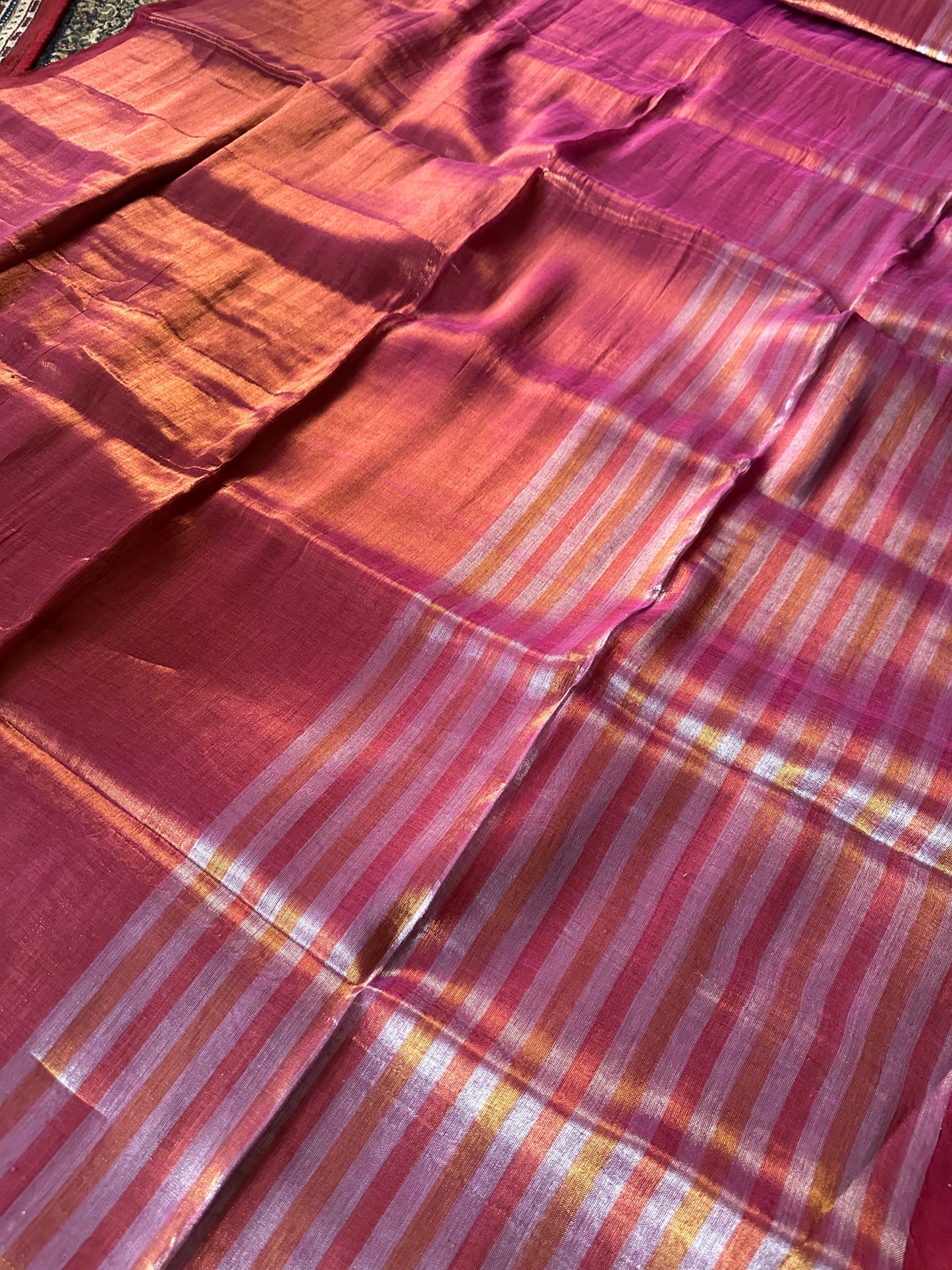 Pink & Orange Pure Mul Mul Handwoven Striped Tissue Cotton Saree