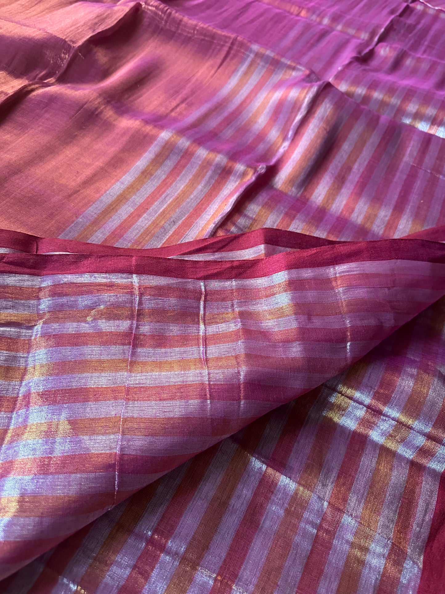 Pink & Orange Pure Mul Mul Handwoven Striped Tissue Cotton Saree