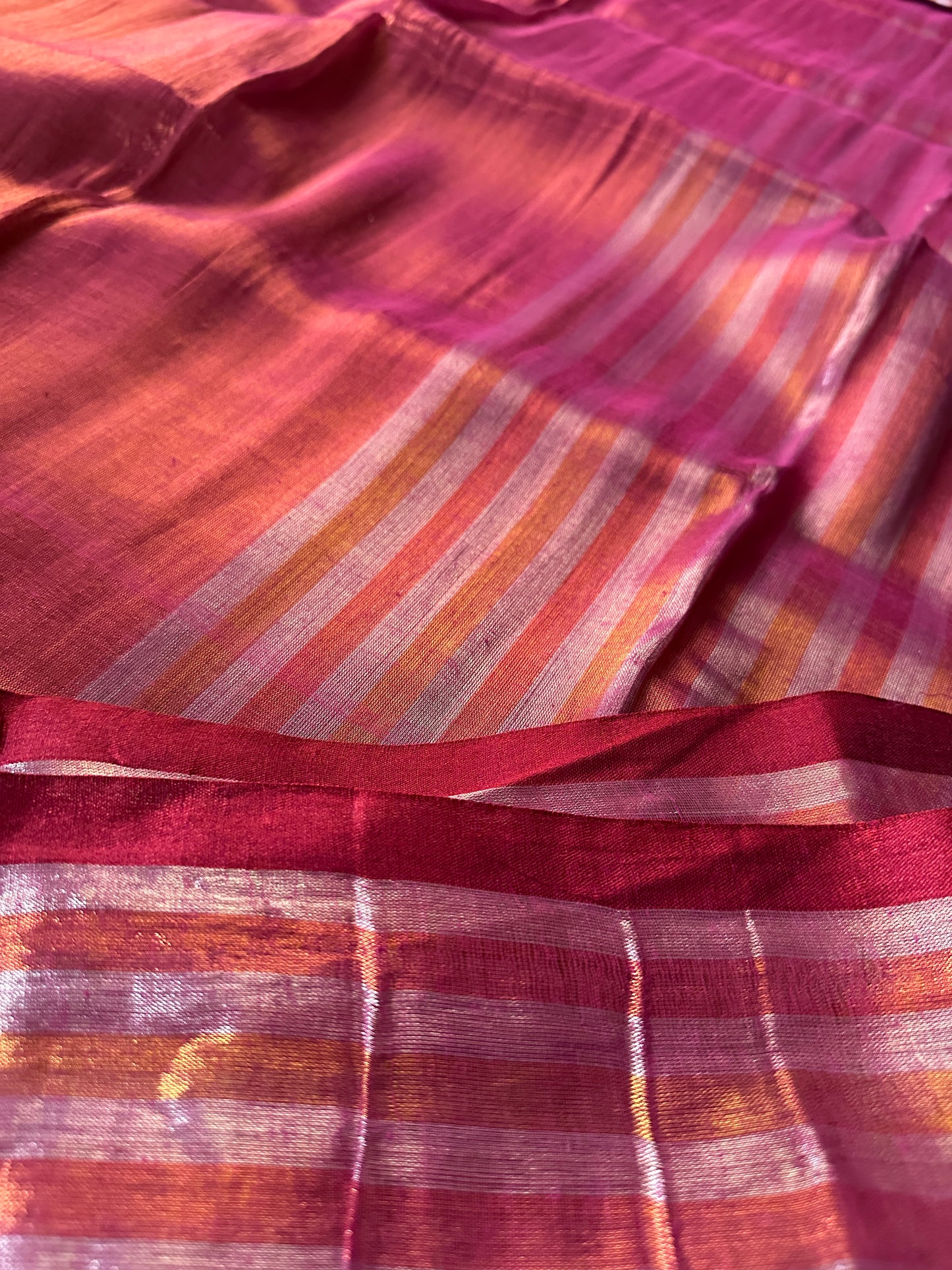 Pink & Orange Pure Mul Mul Handwoven Striped Tissue Cotton Saree