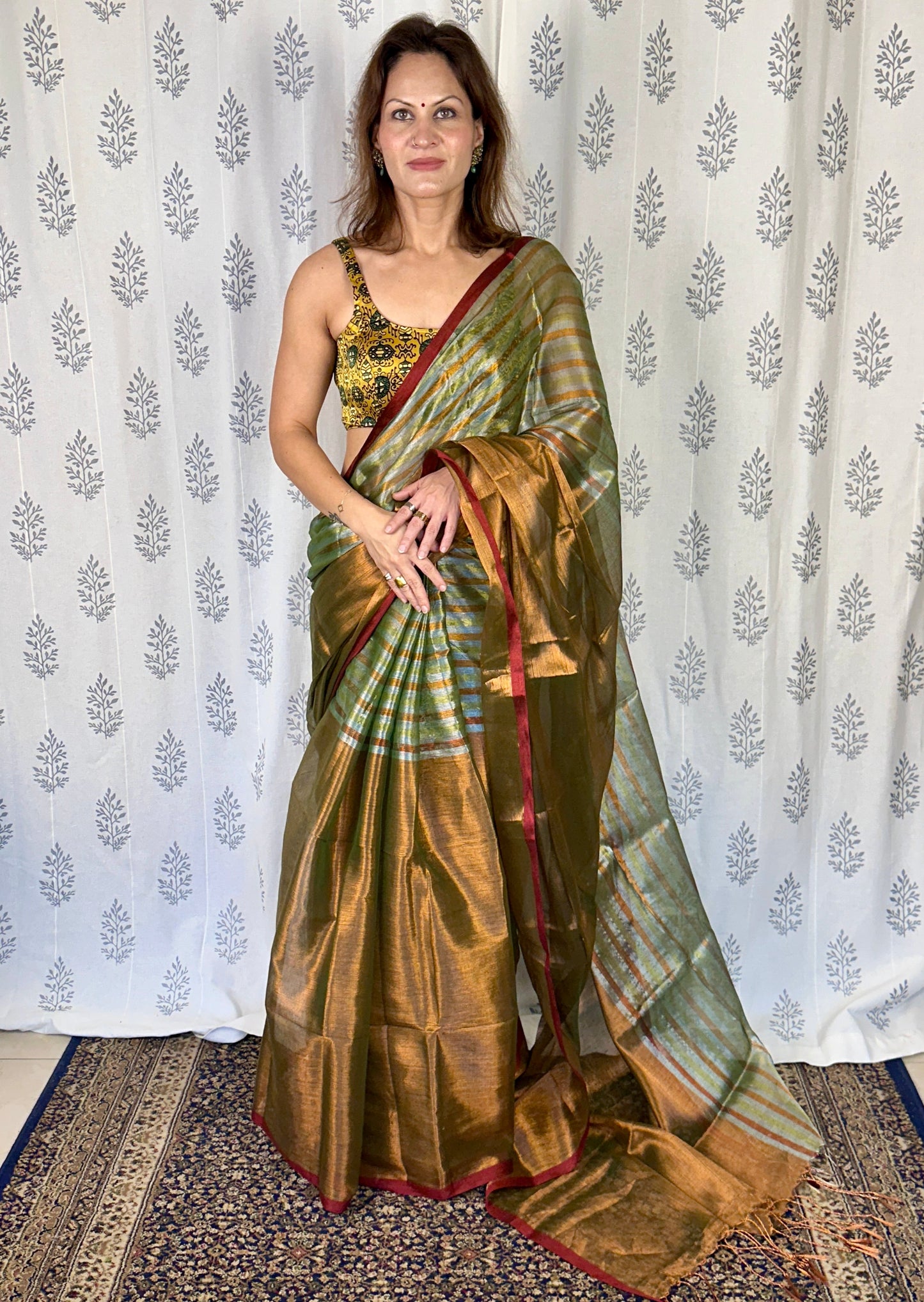 Green & Copper Pure Mul Mul Handwoven Striped Tissue Cotton Saree