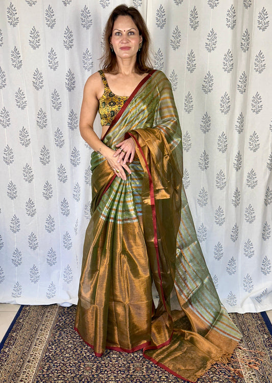 Green & Copper Pure Mul Mul Handwoven Striped Tissue Cotton Saree