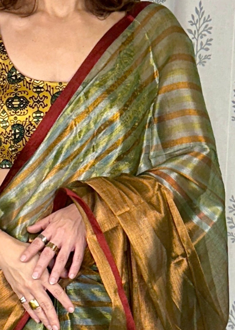 Green & Copper Pure Mul Mul Handwoven Striped Tissue Cotton Saree