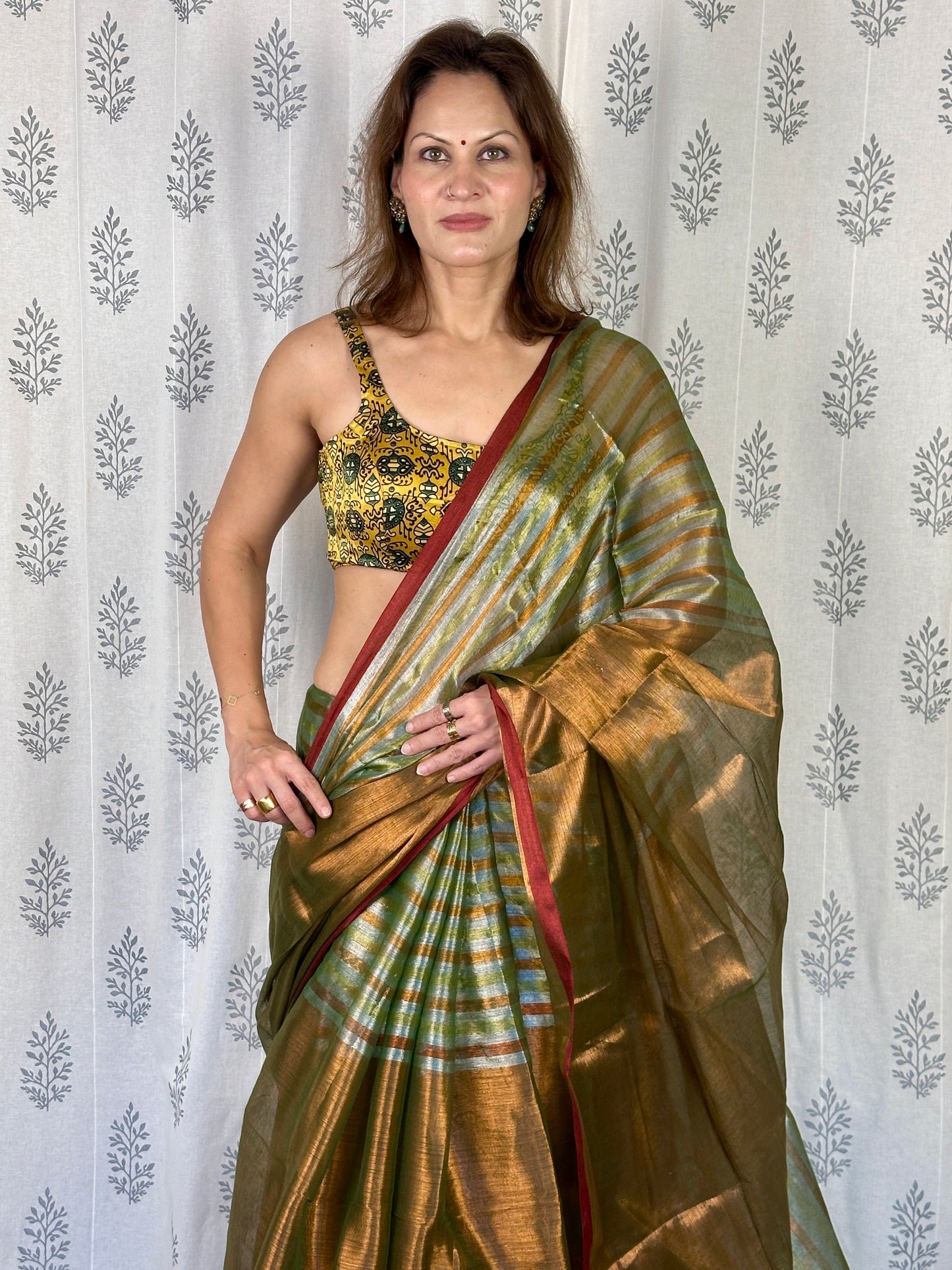 Green & Copper Pure Mul Mul Handwoven Striped Tissue Cotton Saree