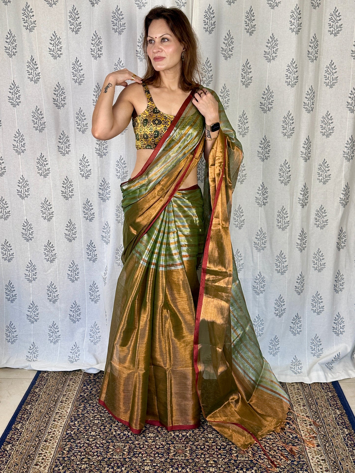 Green & Copper Pure Mul Mul Handwoven Striped Tissue Cotton Saree