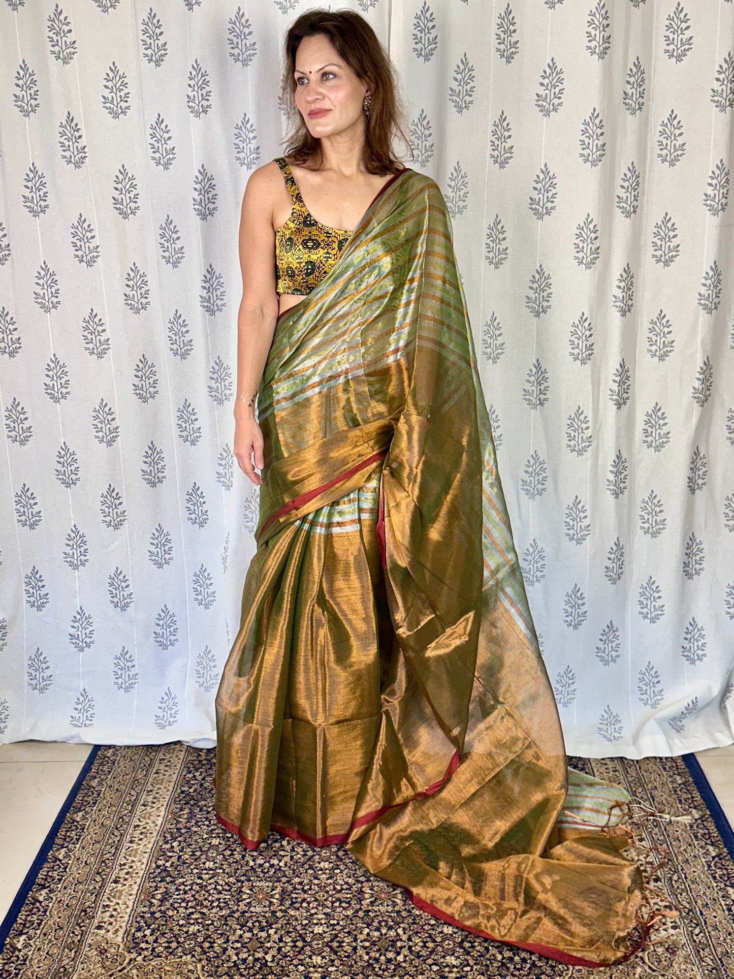 Green & Copper Pure Mul Mul Handwoven Striped Tissue Cotton Saree