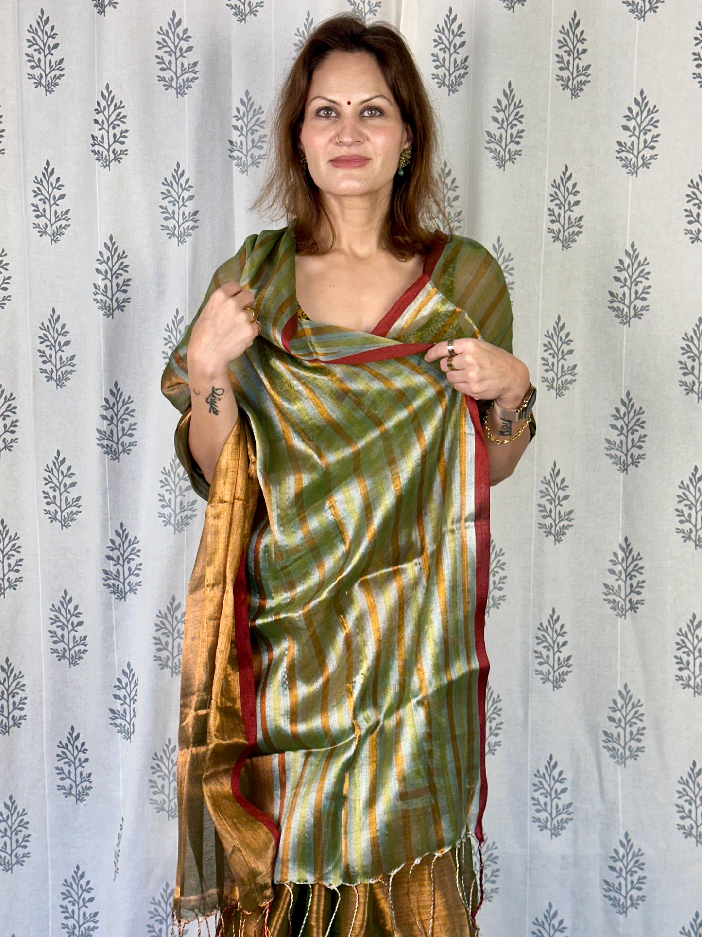 Green & Copper Pure Mul Mul Handwoven Striped Tissue Cotton Saree