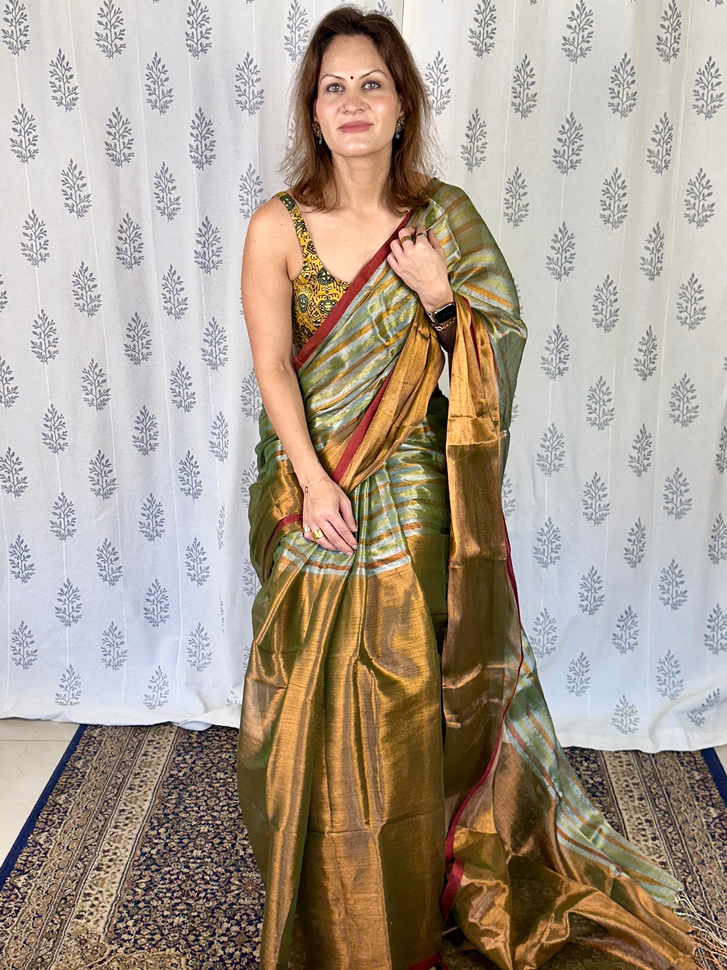 Green & Copper Pure Mul Mul Handwoven Striped Tissue Cotton Saree