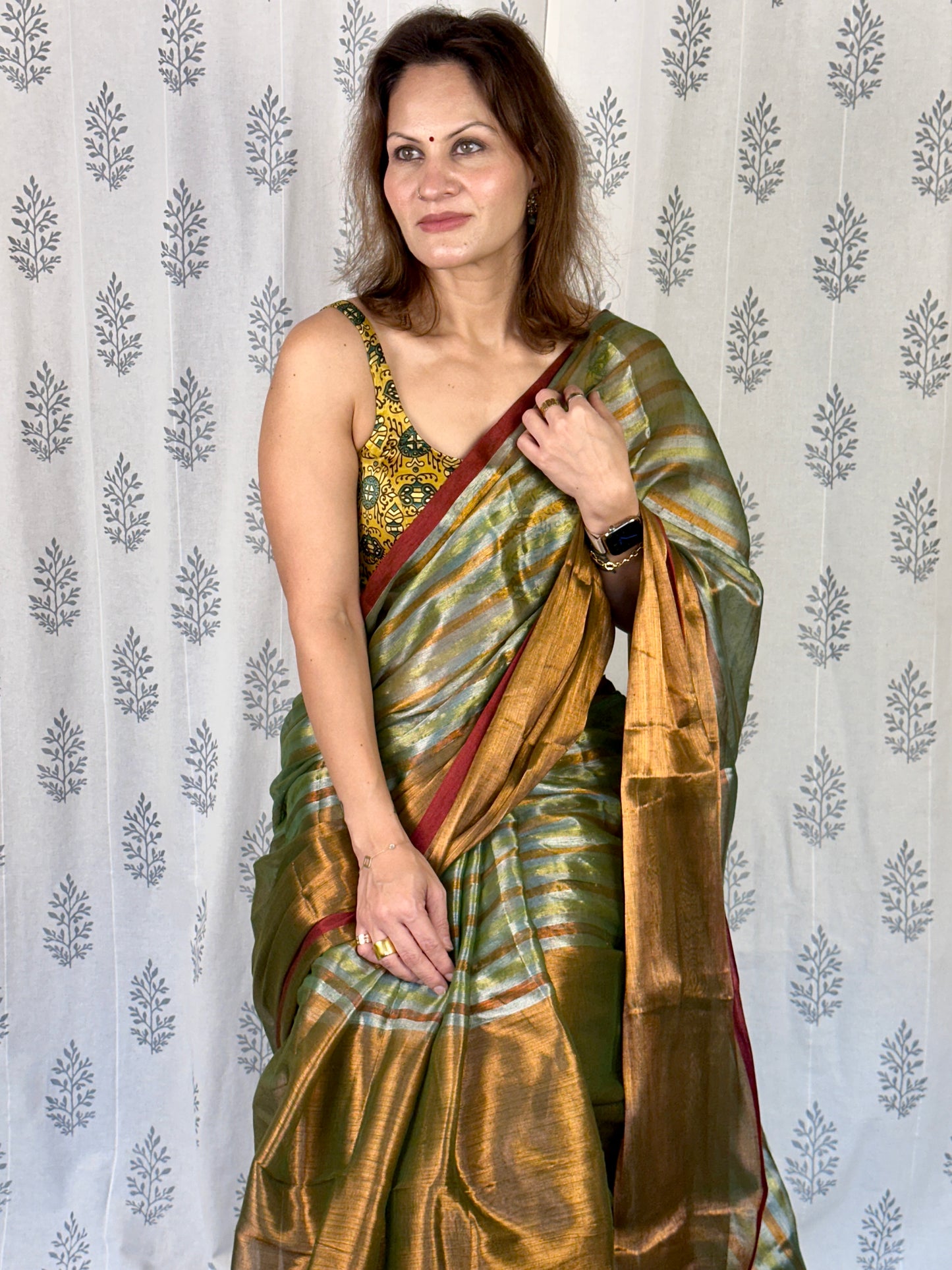 Green & Copper Pure Mul Mul Handwoven Striped Tissue Cotton Saree