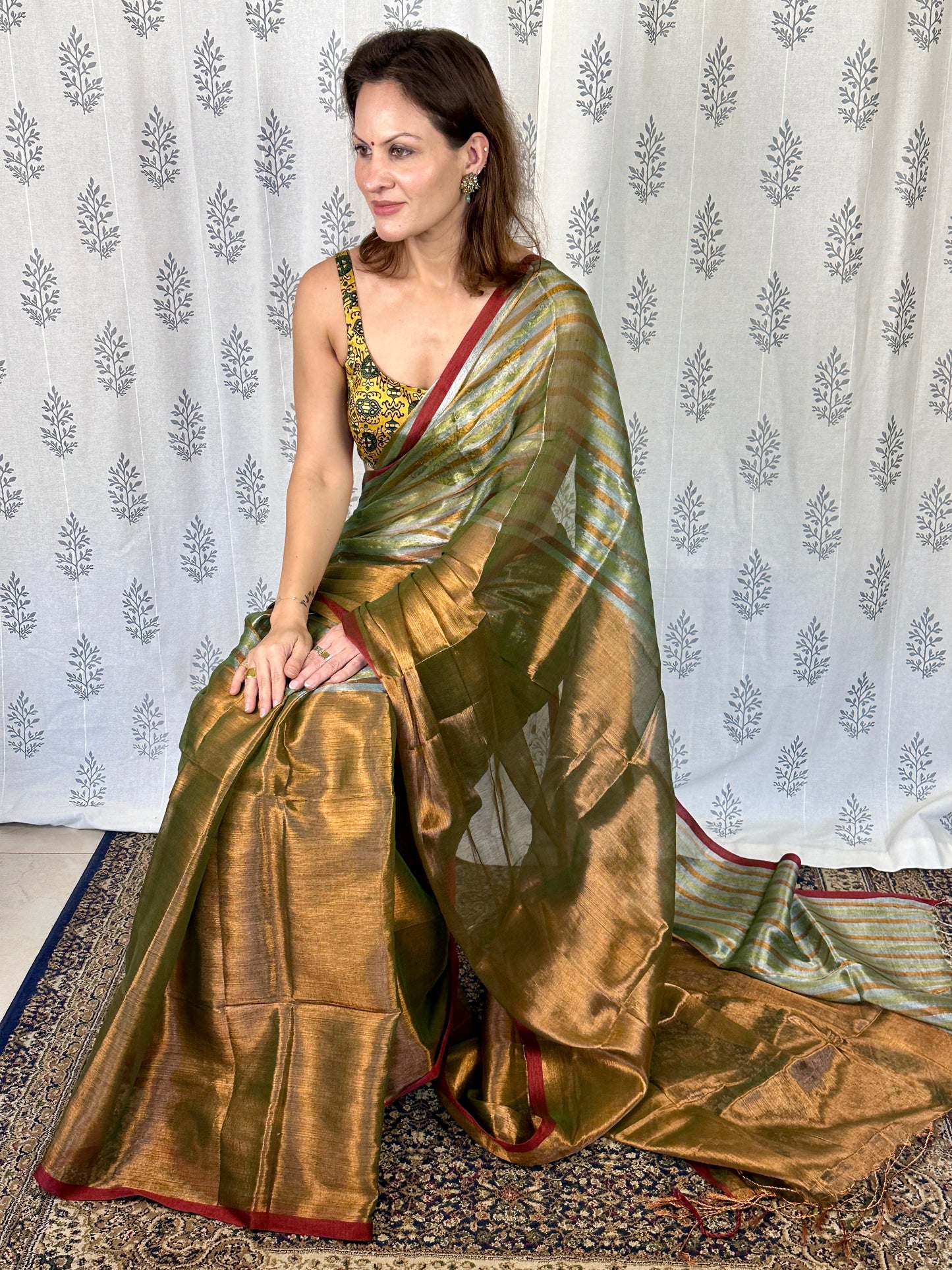 Green & Copper Pure Mul Mul Handwoven Striped Tissue Cotton Saree