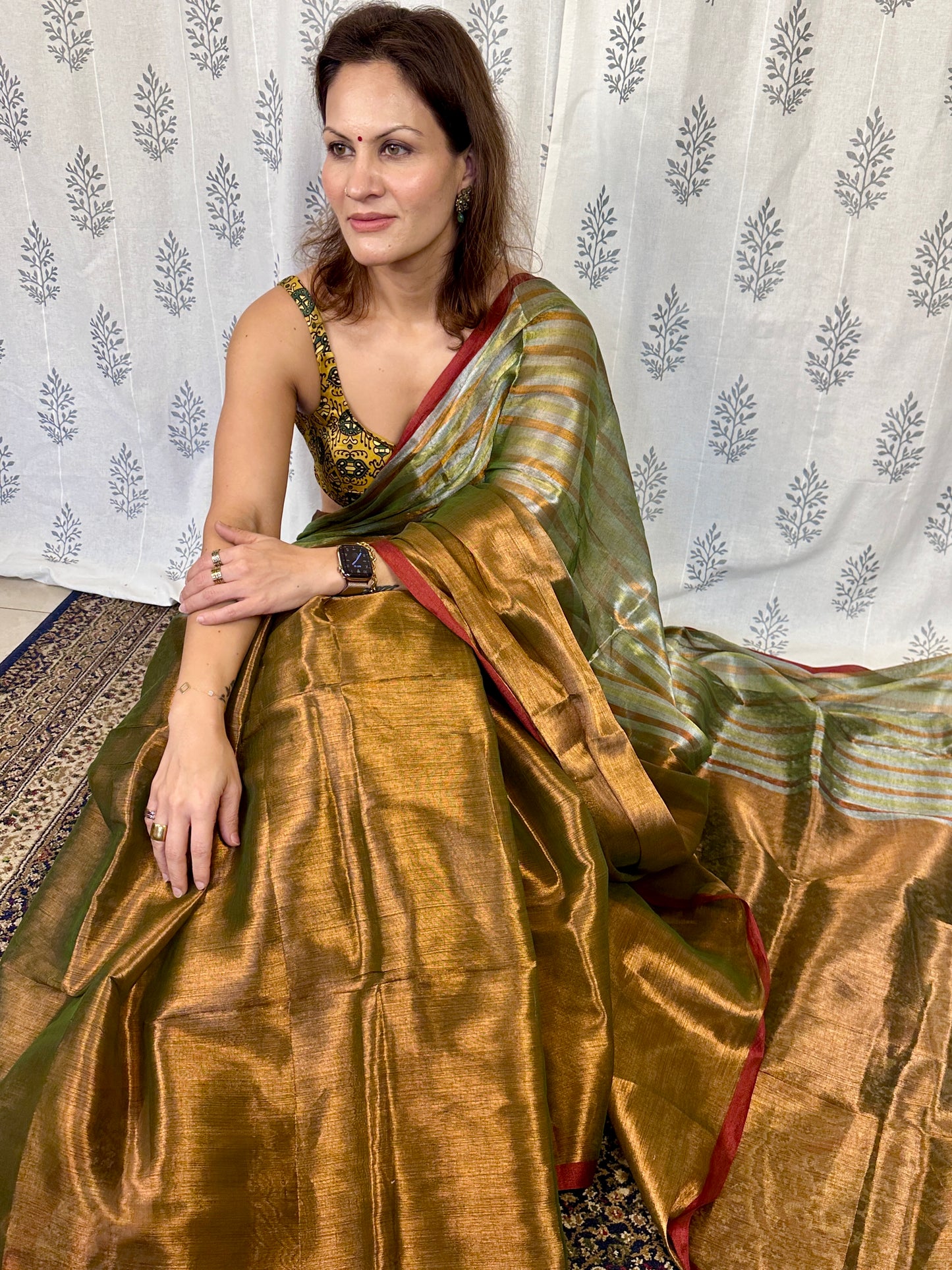 Green & Copper Pure Mul Mul Handwoven Striped Tissue Cotton Saree