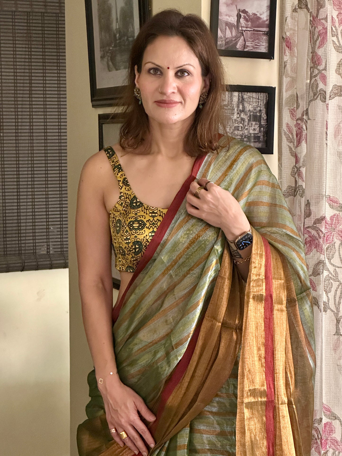 Green & Copper Pure Mul Mul Handwoven Striped Tissue Cotton Saree