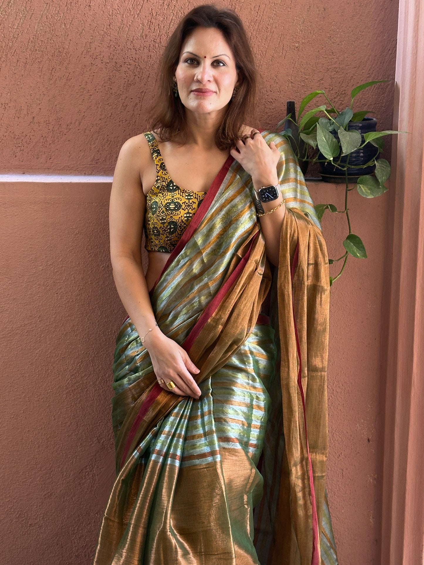 Green & Copper Pure Mul Mul Handwoven Striped Tissue Cotton Saree