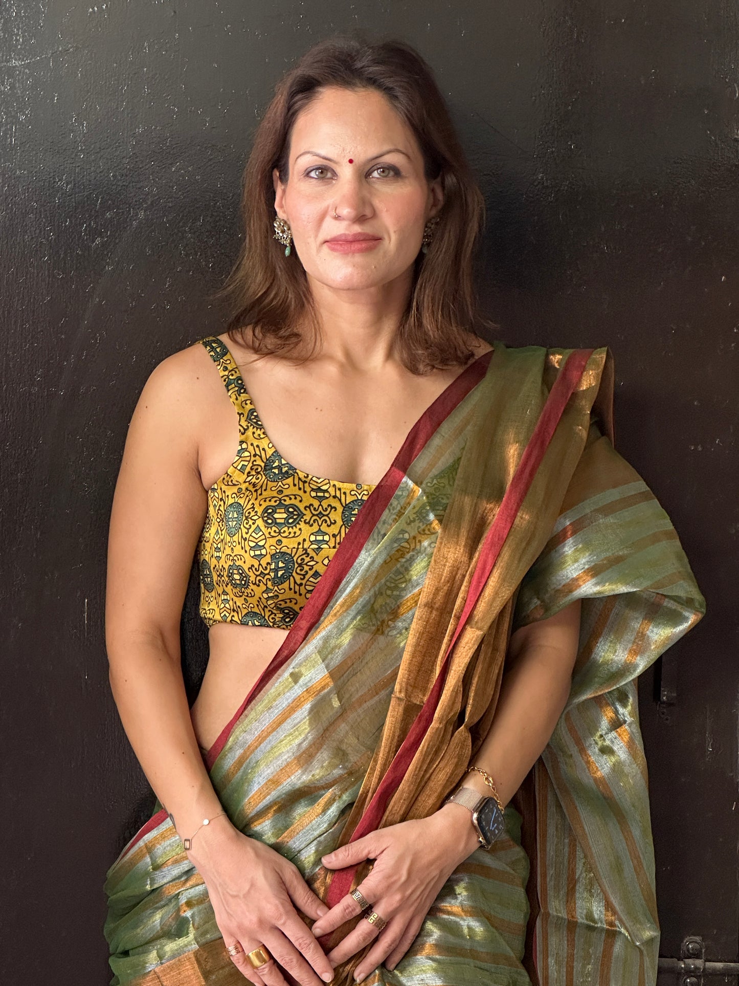 Green & Copper Pure Mul Mul Handwoven Striped Tissue Cotton Saree