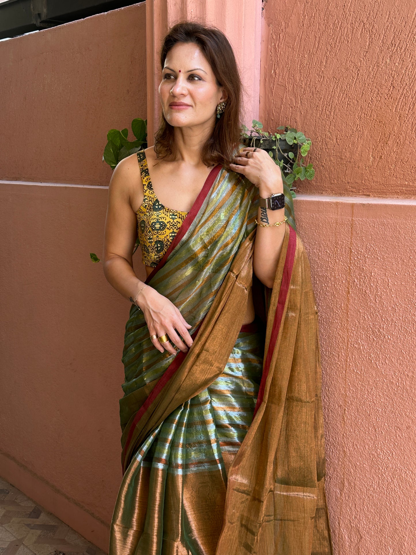 Green & Copper Pure Mul Mul Handwoven Striped Tissue Cotton Saree