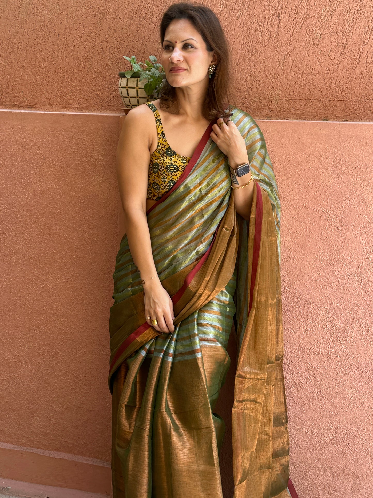 Green & Copper Pure Mul Mul Handwoven Striped Tissue Cotton Saree