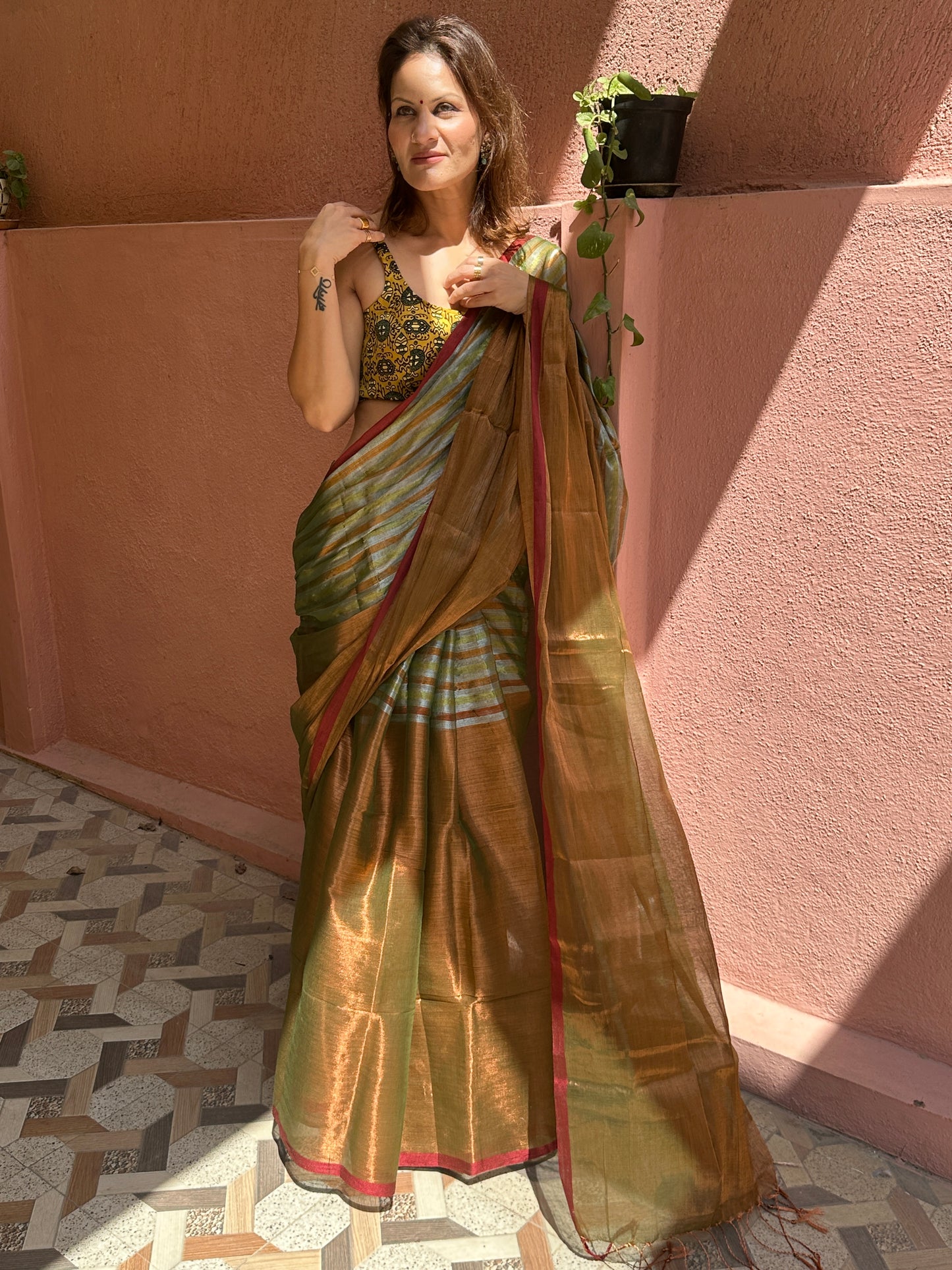 Green & Copper Pure Mul Mul Handwoven Striped Tissue Cotton Saree