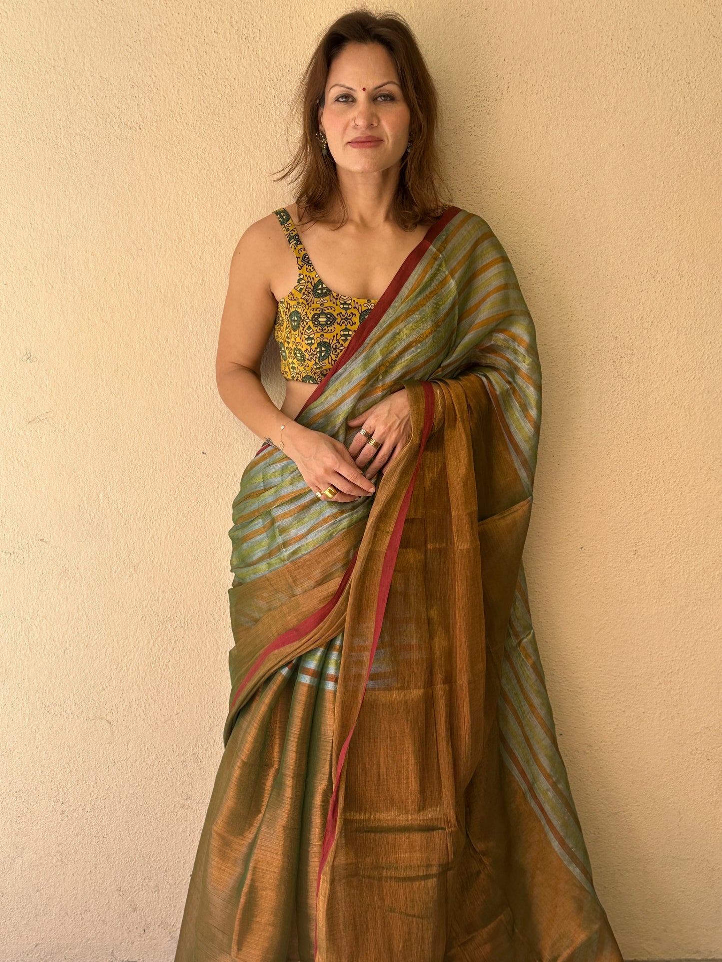 Green & Copper Pure Mul Mul Handwoven Striped Tissue Cotton Saree