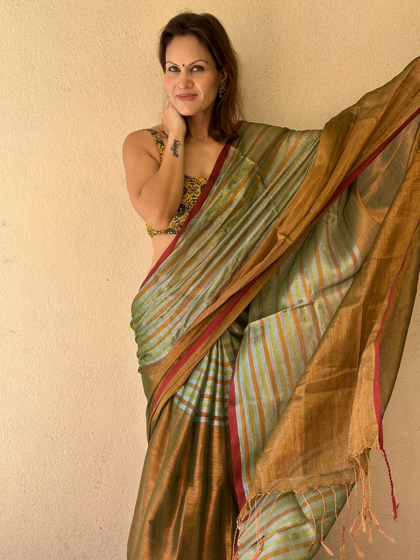 Green & Copper Pure Mul Mul Handwoven Striped Tissue Cotton Saree