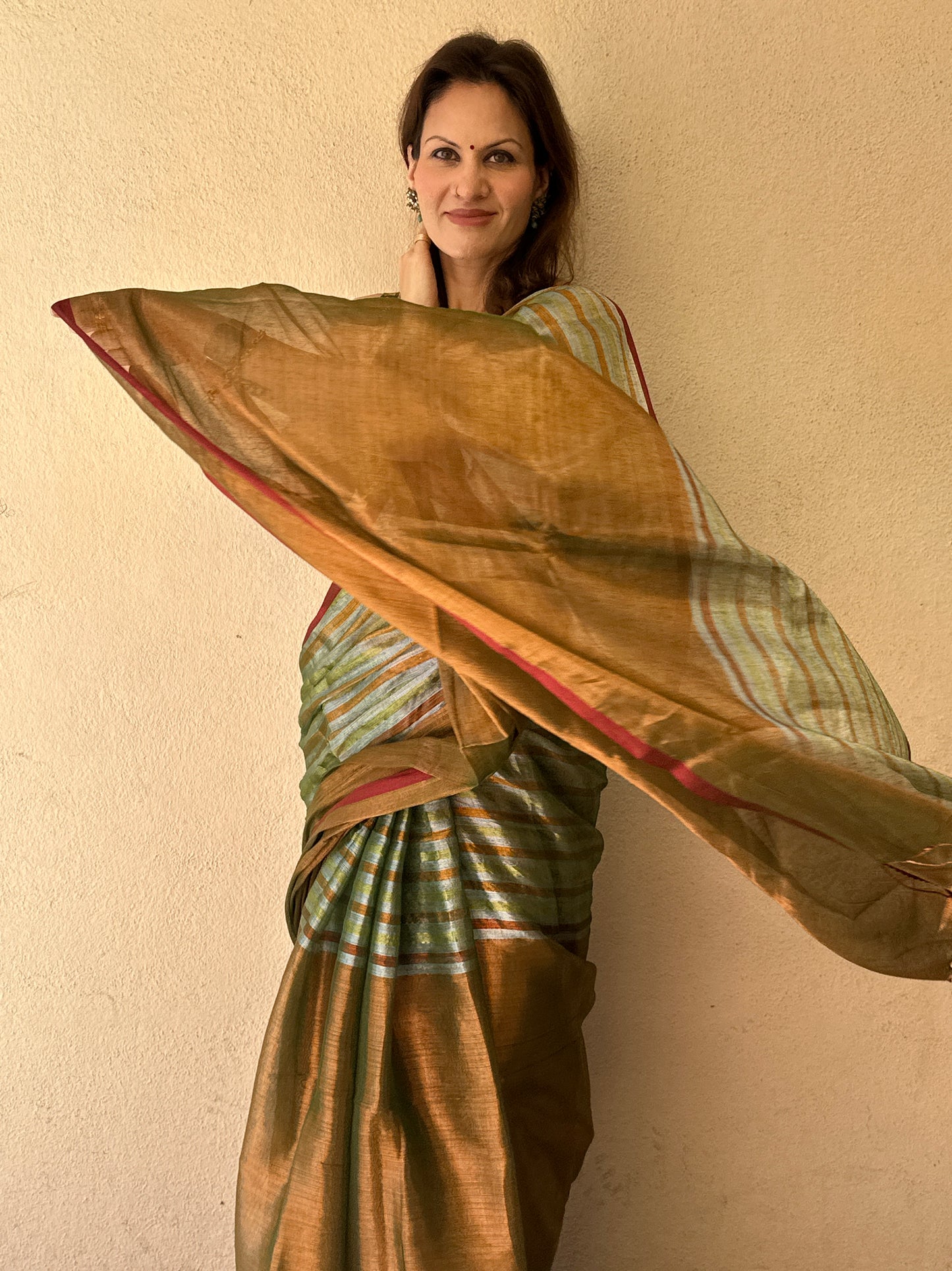 Green & Copper Pure Mul Mul Handwoven Striped Tissue Cotton Saree