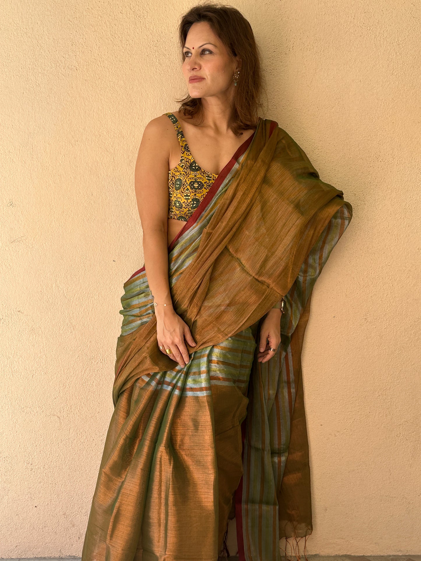 Green & Copper Pure Mul Mul Handwoven Striped Tissue Cotton Saree