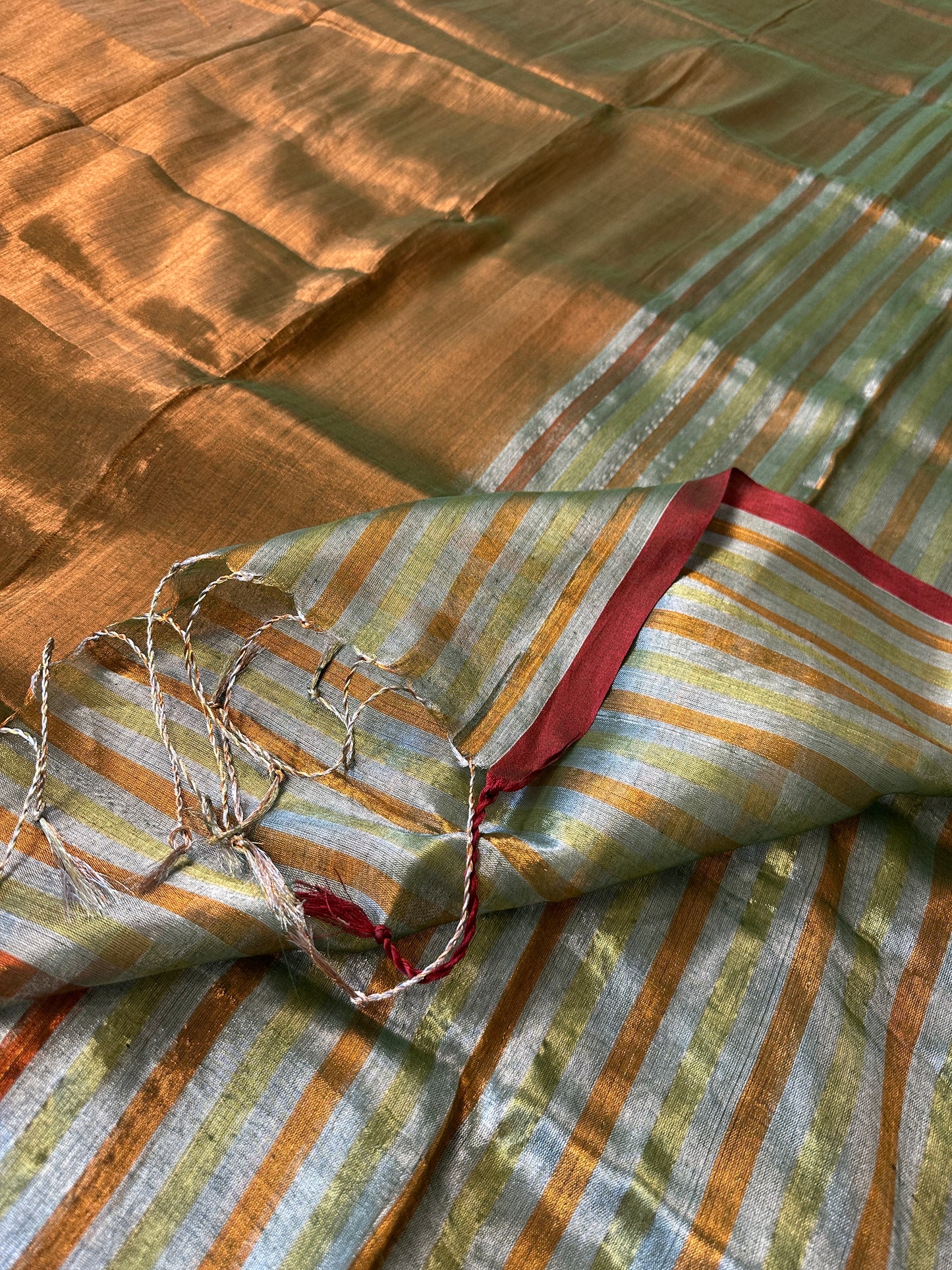 Green & Copper Pure Mul Mul Handwoven Striped Tissue Cotton Saree