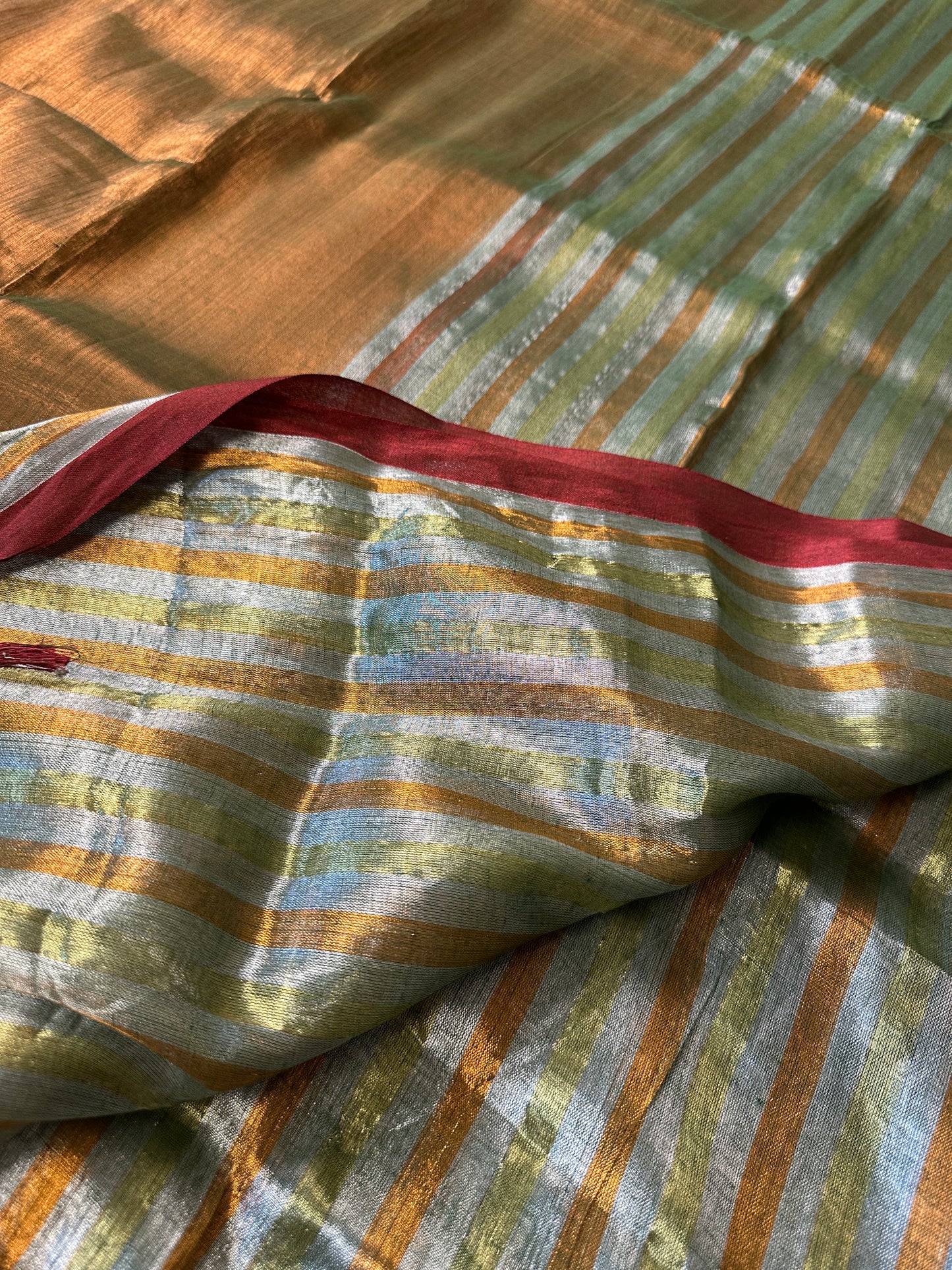 Green & Copper Pure Mul Mul Handwoven Striped Tissue Cotton Saree