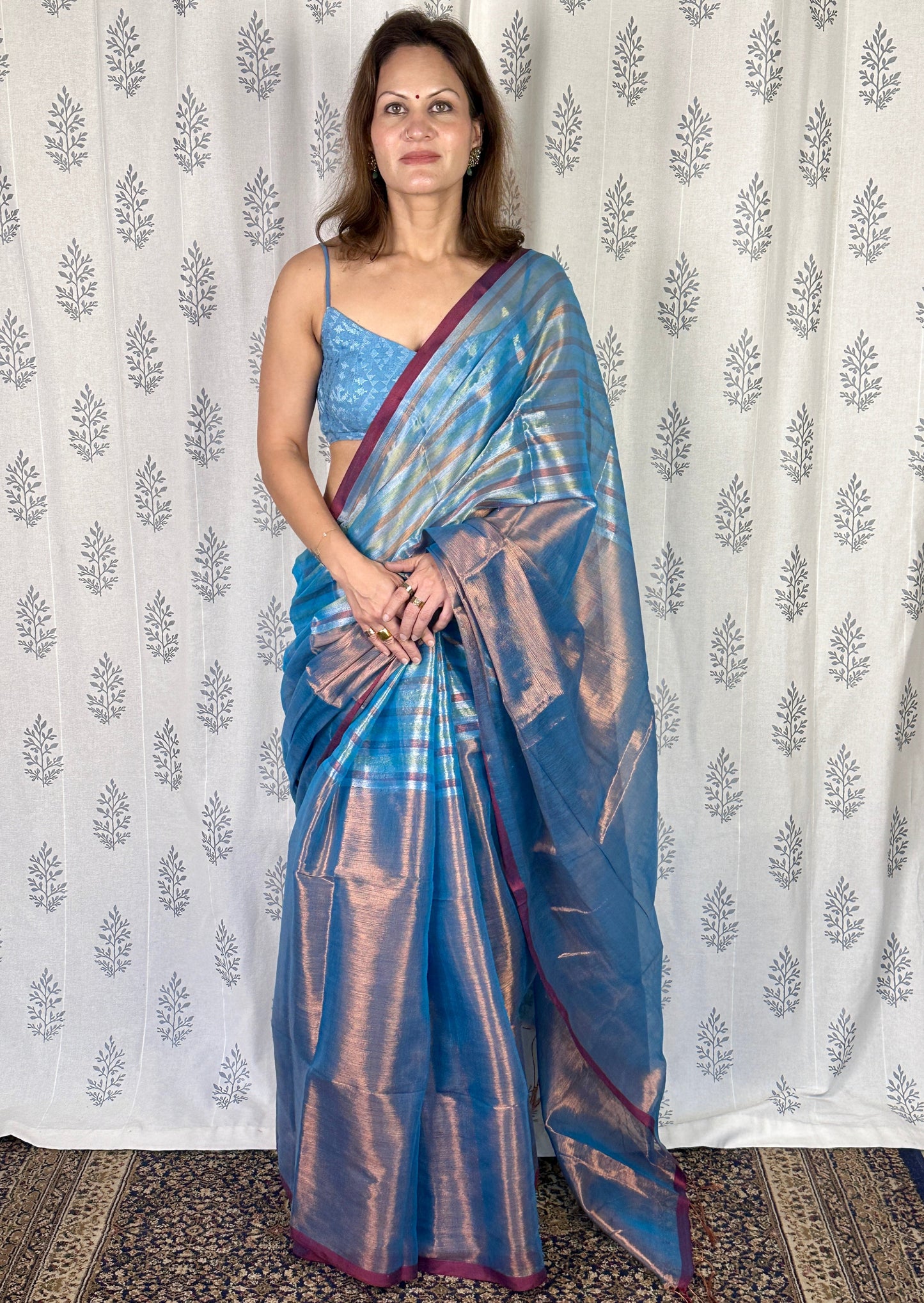 Blue & Copper Pure Mul Mul Handwoven Striped Tissue Cotton Saree