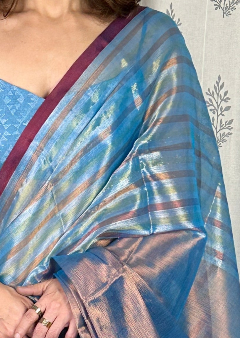 Blue & Copper Pure Mul Mul Handwoven Striped Tissue Cotton Saree