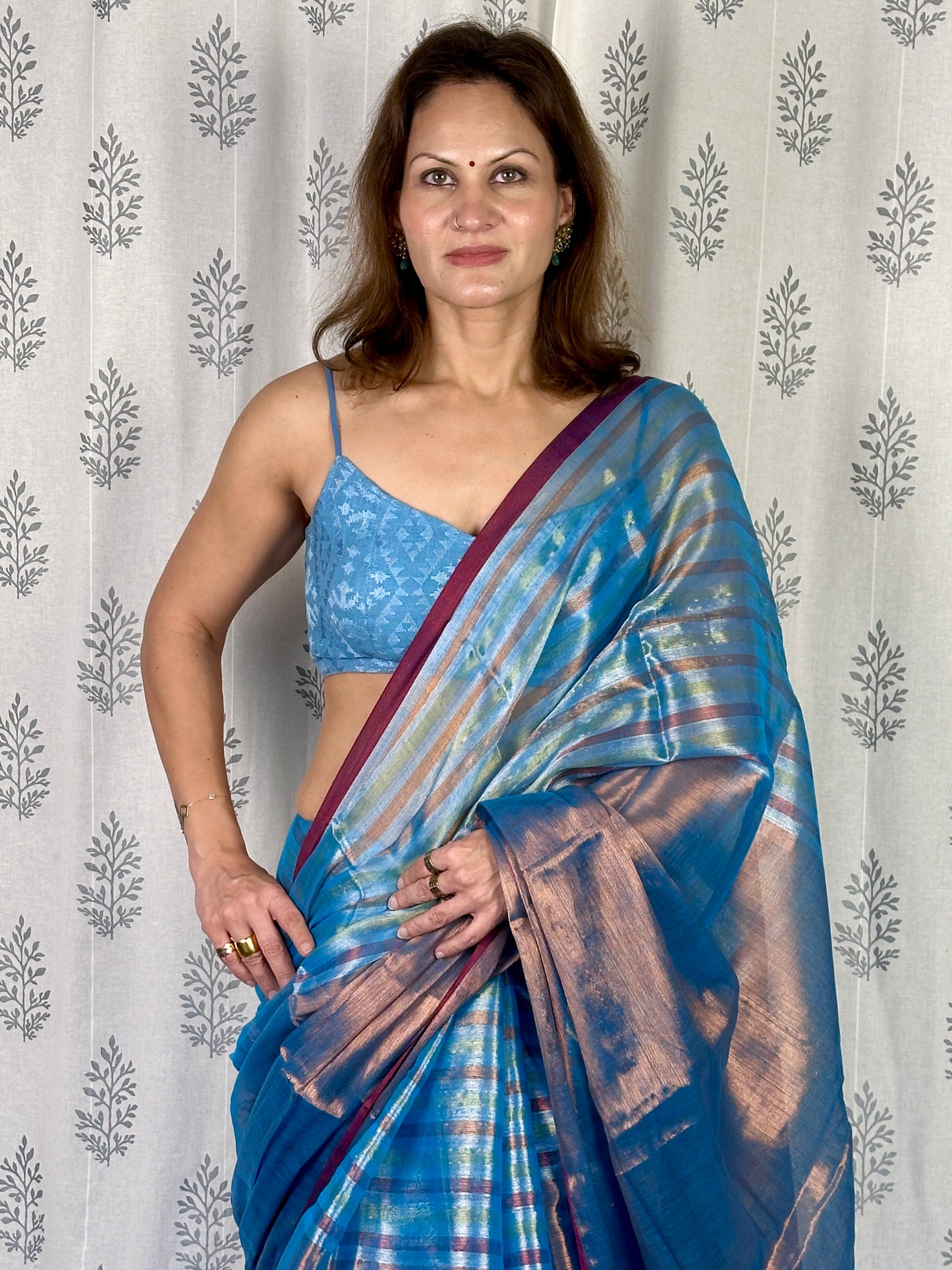 Blue & Copper Pure Mul Mul Handwoven Striped Tissue Cotton Saree
