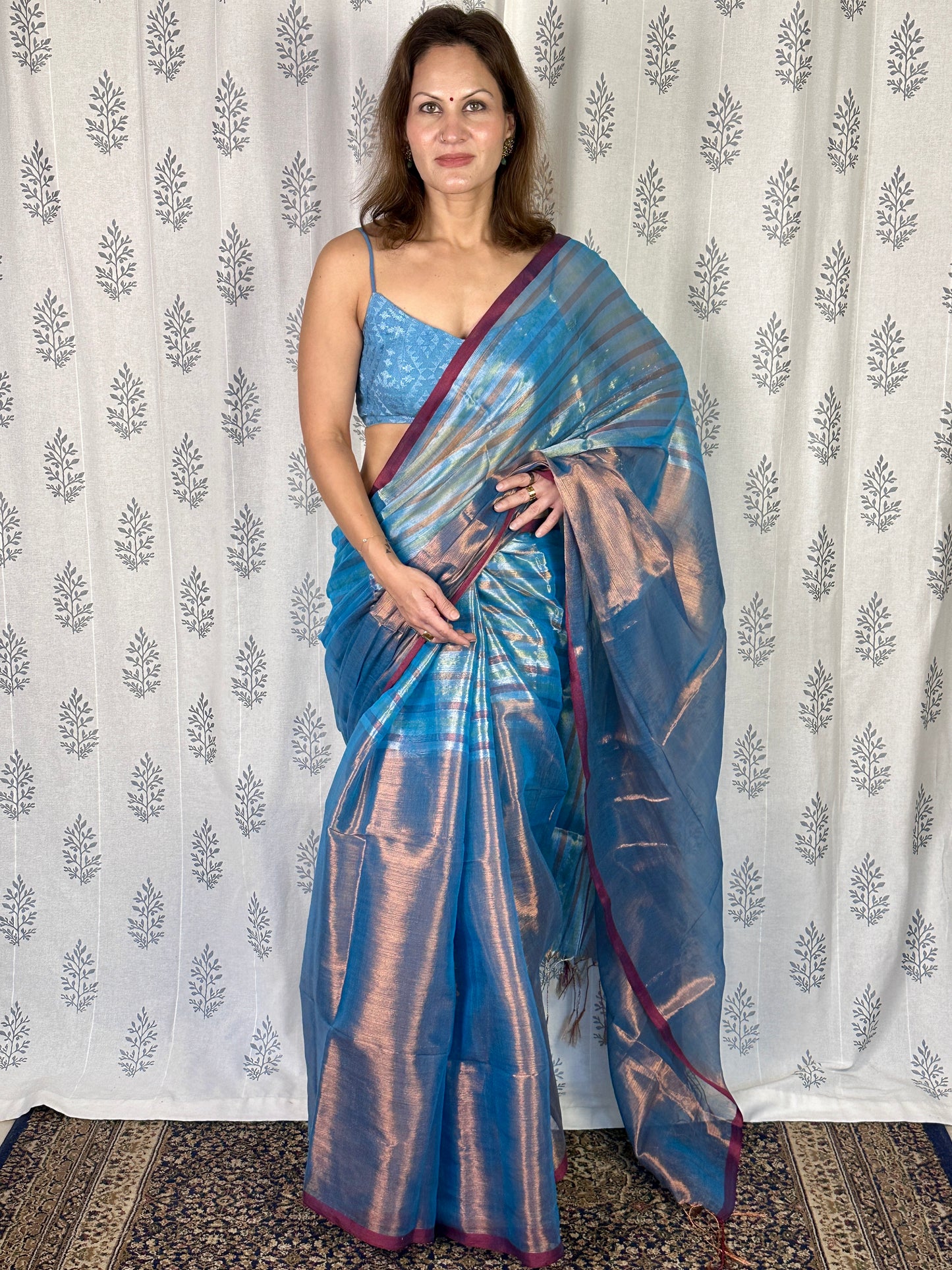 Blue & Copper Pure Mul Mul Handwoven Striped Tissue Cotton Saree