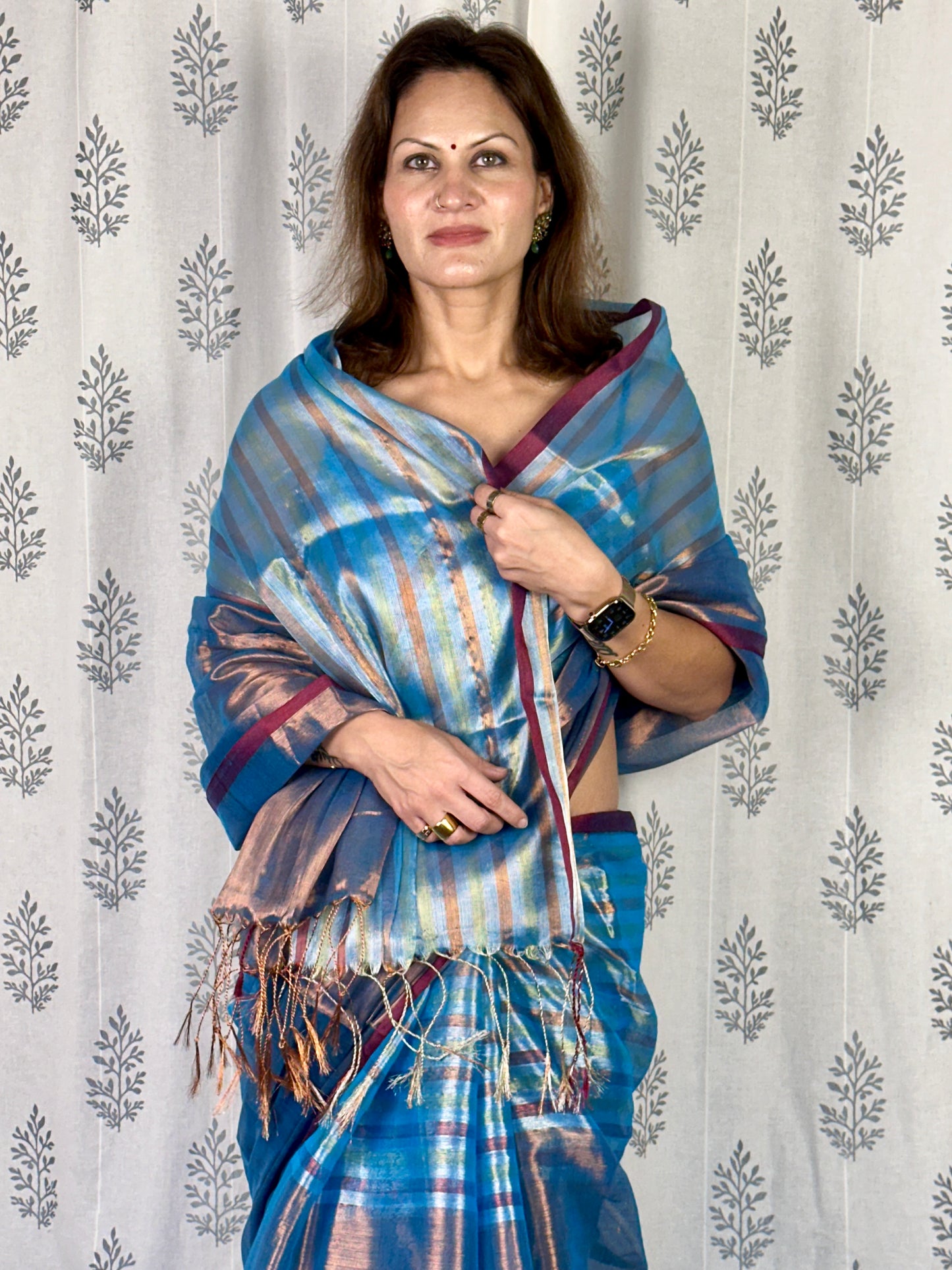 Blue & Copper Pure Mul Mul Handwoven Striped Tissue Cotton Saree