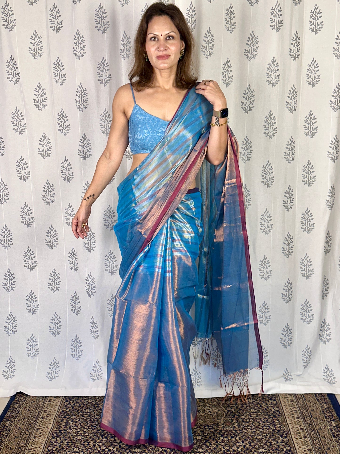 Blue & Copper Pure Mul Mul Handwoven Striped Tissue Cotton Saree