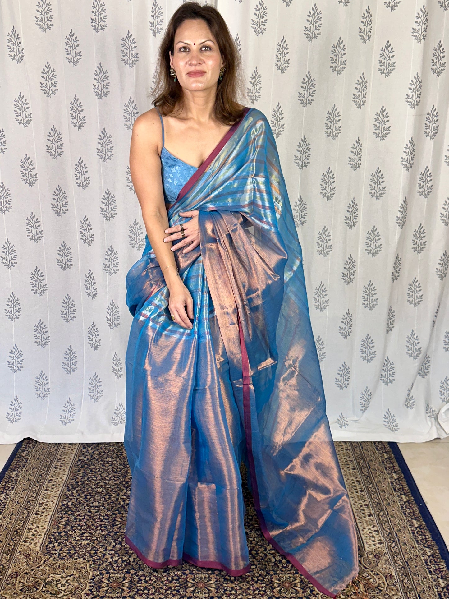 Blue & Copper Pure Mul Mul Handwoven Striped Tissue Cotton Saree