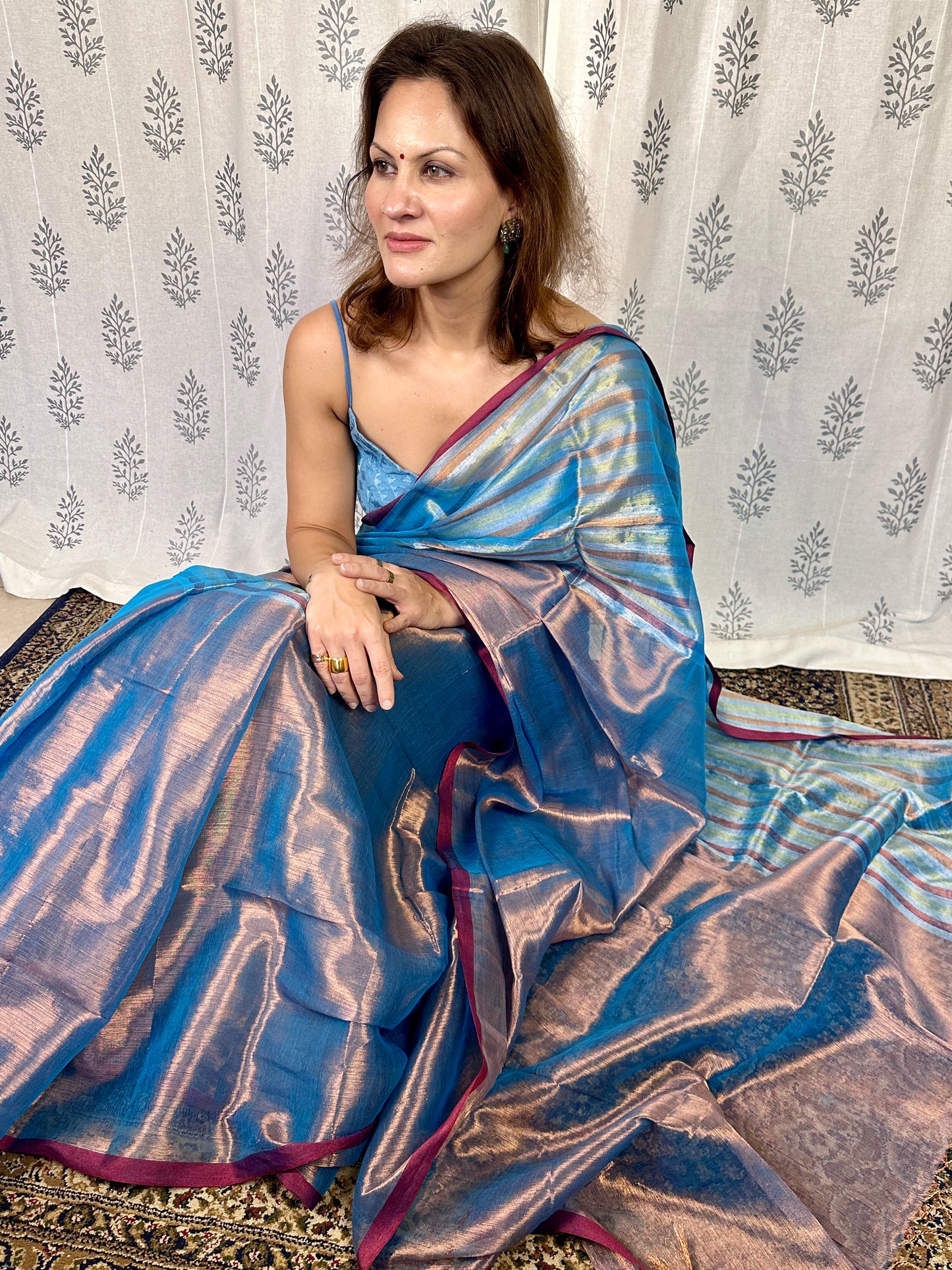 Blue & Copper Pure Mul Mul Handwoven Striped Tissue Cotton Saree