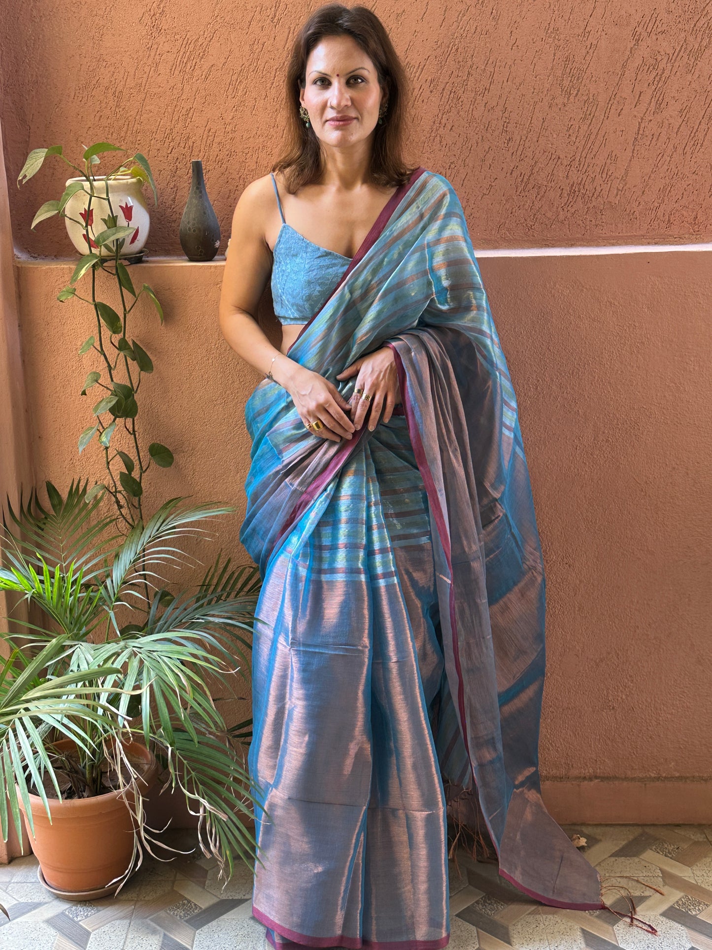 Blue & Copper Pure Mul Mul Handwoven Striped Tissue Cotton Saree