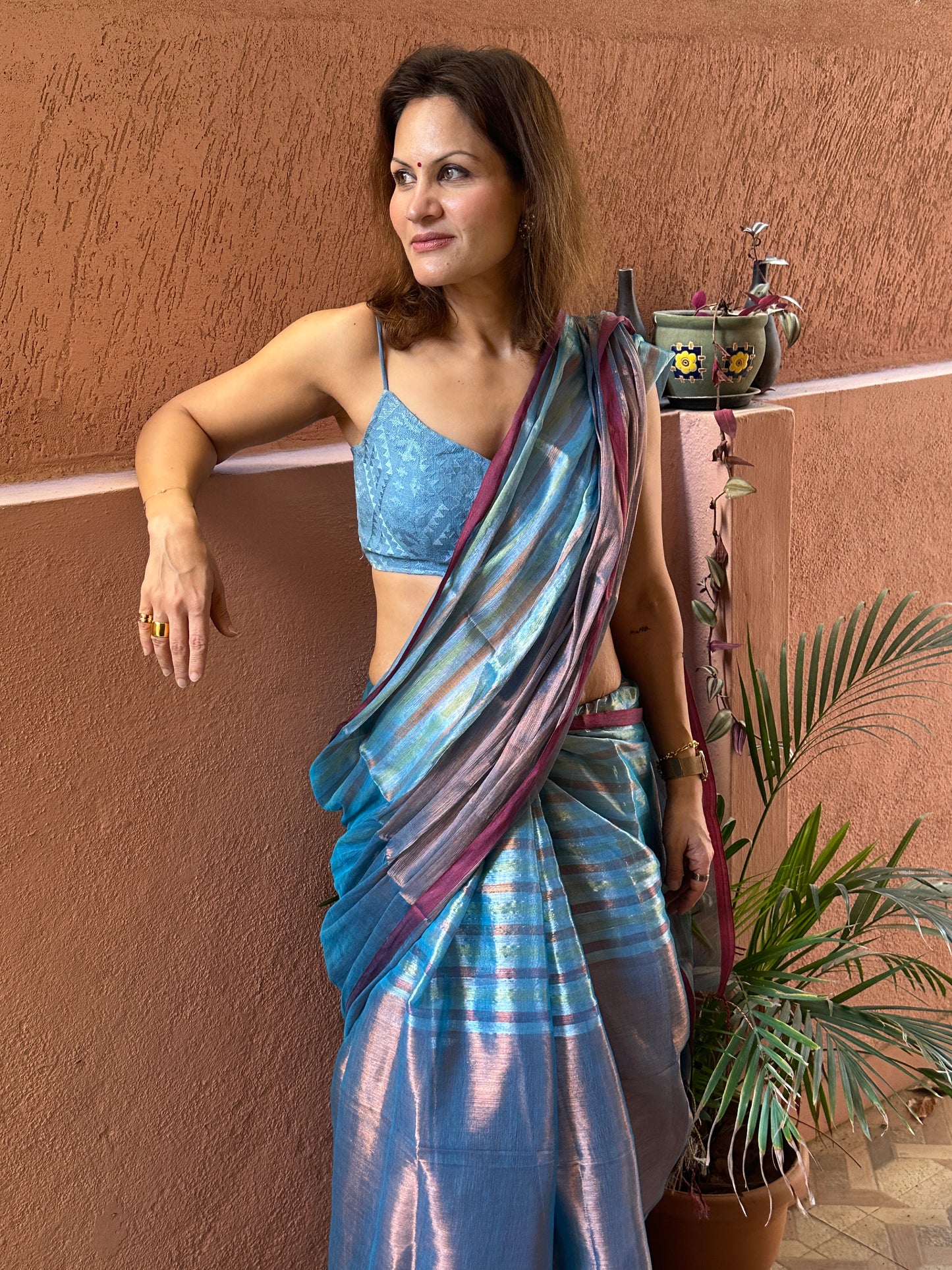 Blue & Copper Pure Mul Mul Handwoven Striped Tissue Cotton Saree