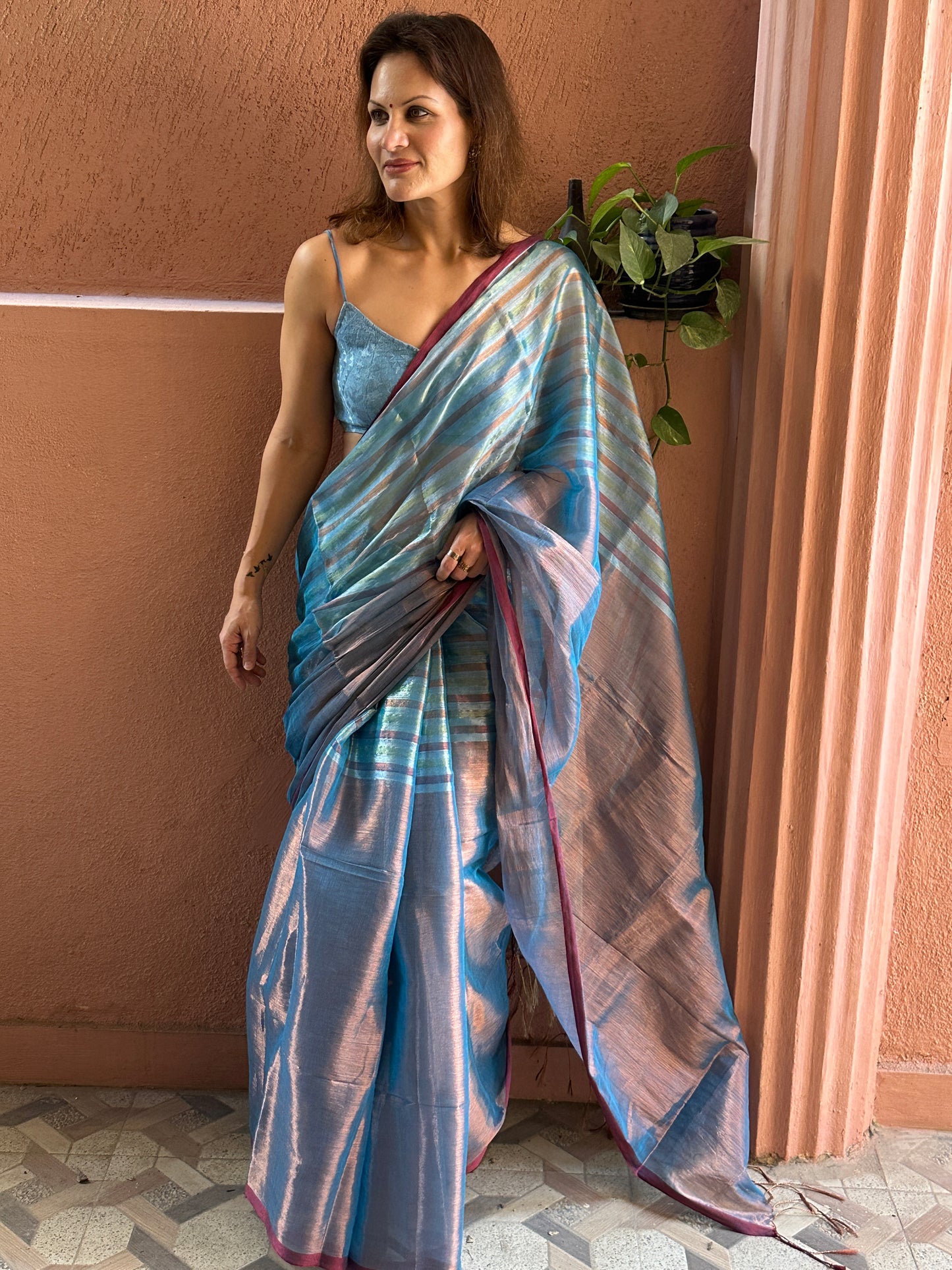 Blue & Copper Pure Mul Mul Handwoven Striped Tissue Cotton Saree