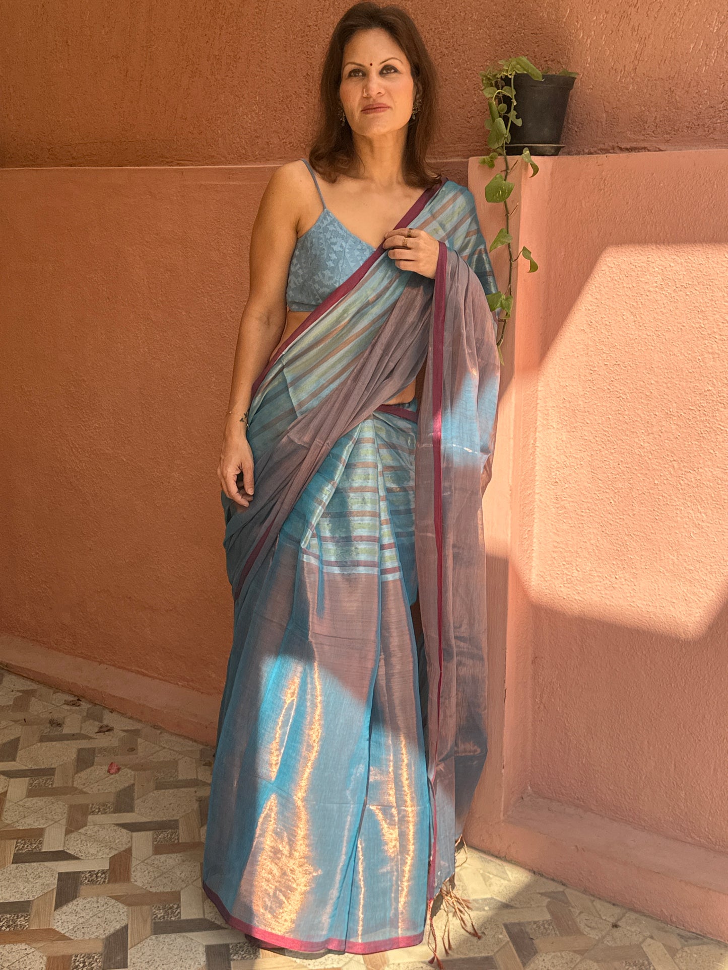 Blue & Copper Pure Mul Mul Handwoven Striped Tissue Cotton Saree