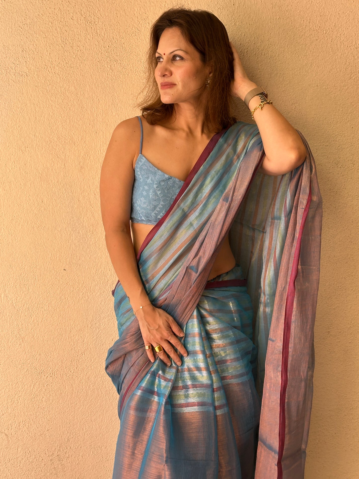 Blue & Copper Pure Mul Mul Handwoven Striped Tissue Cotton Saree
