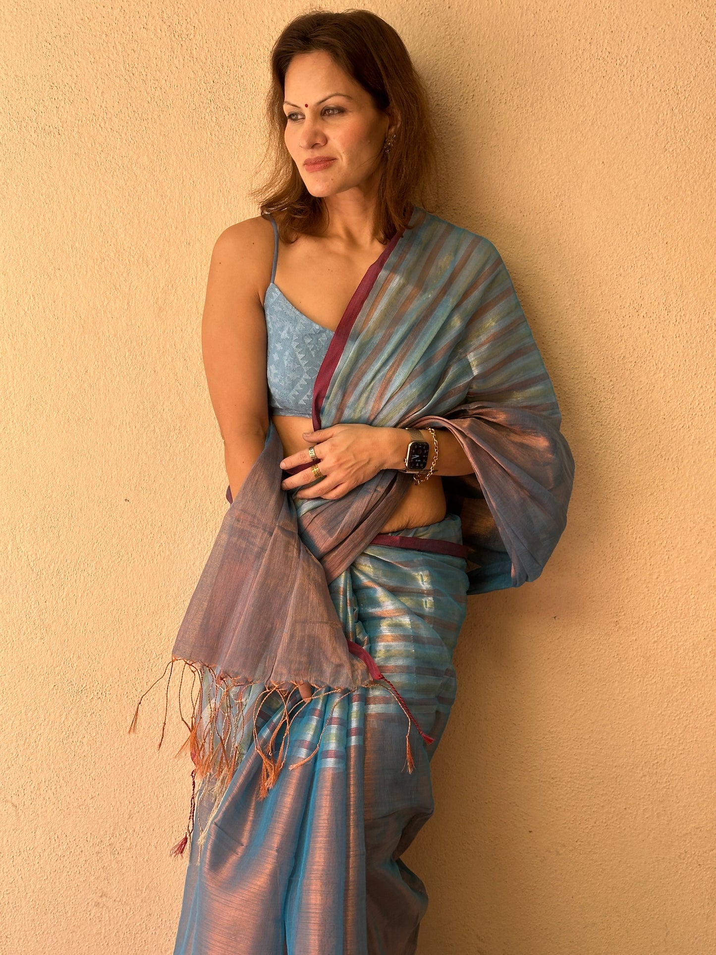 Blue & Copper Pure Mul Mul Handwoven Striped Tissue Cotton Saree